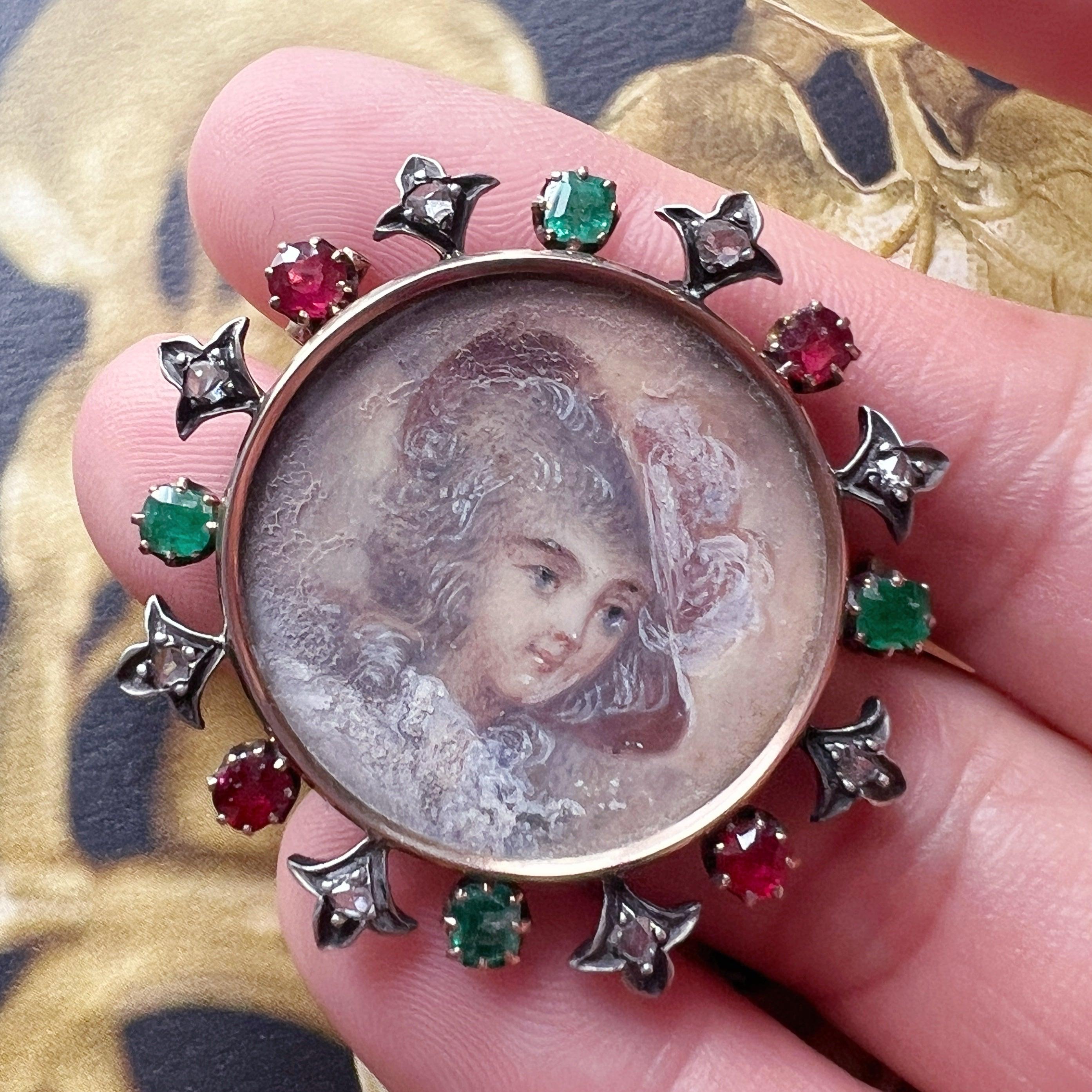 Victorian 18K miniature portrait brooch with diamonds emeralds and rubies - Curiously timeless