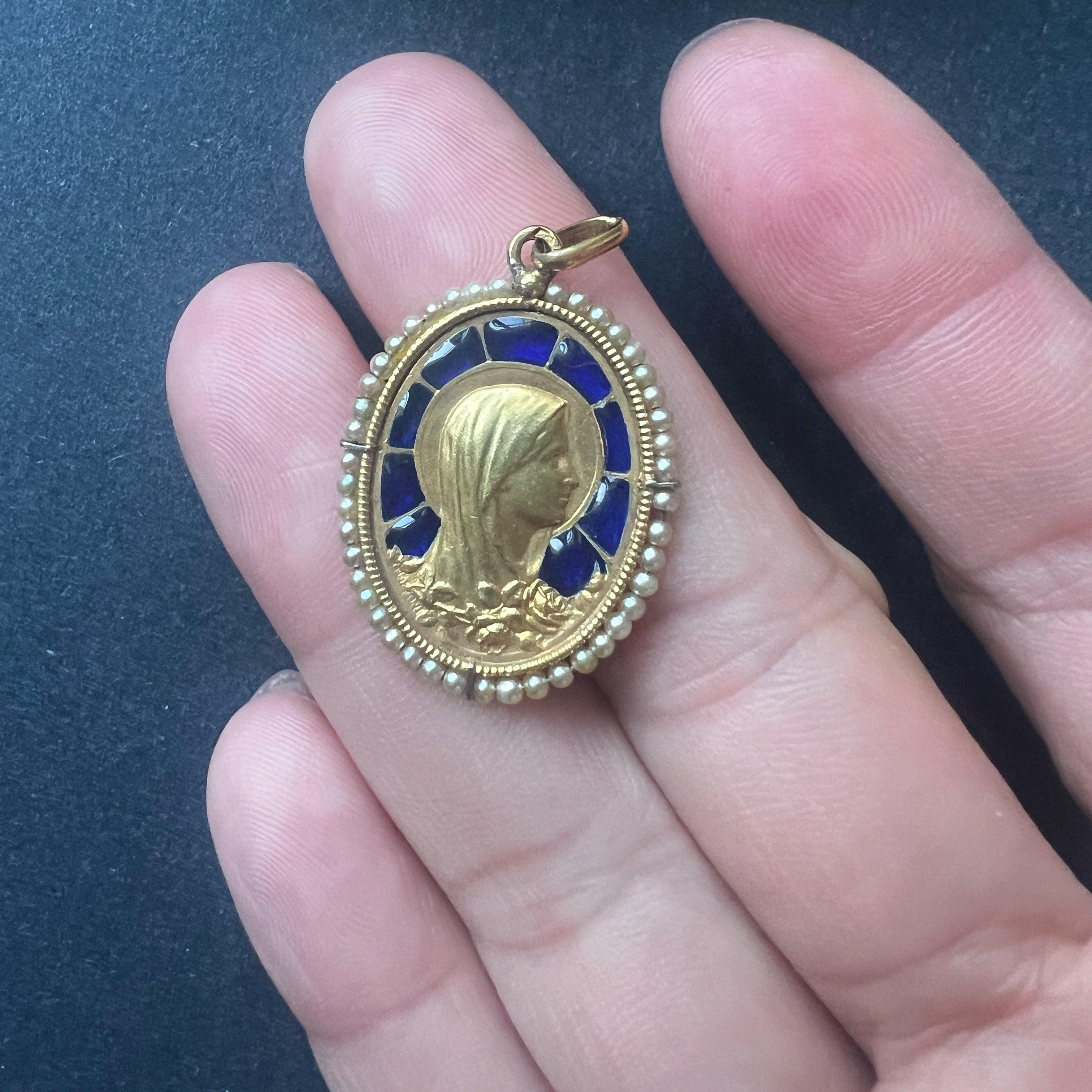 Antique Mazzoni 18K gold plique à jour enamel Mary medal pendant - Curiously timeless