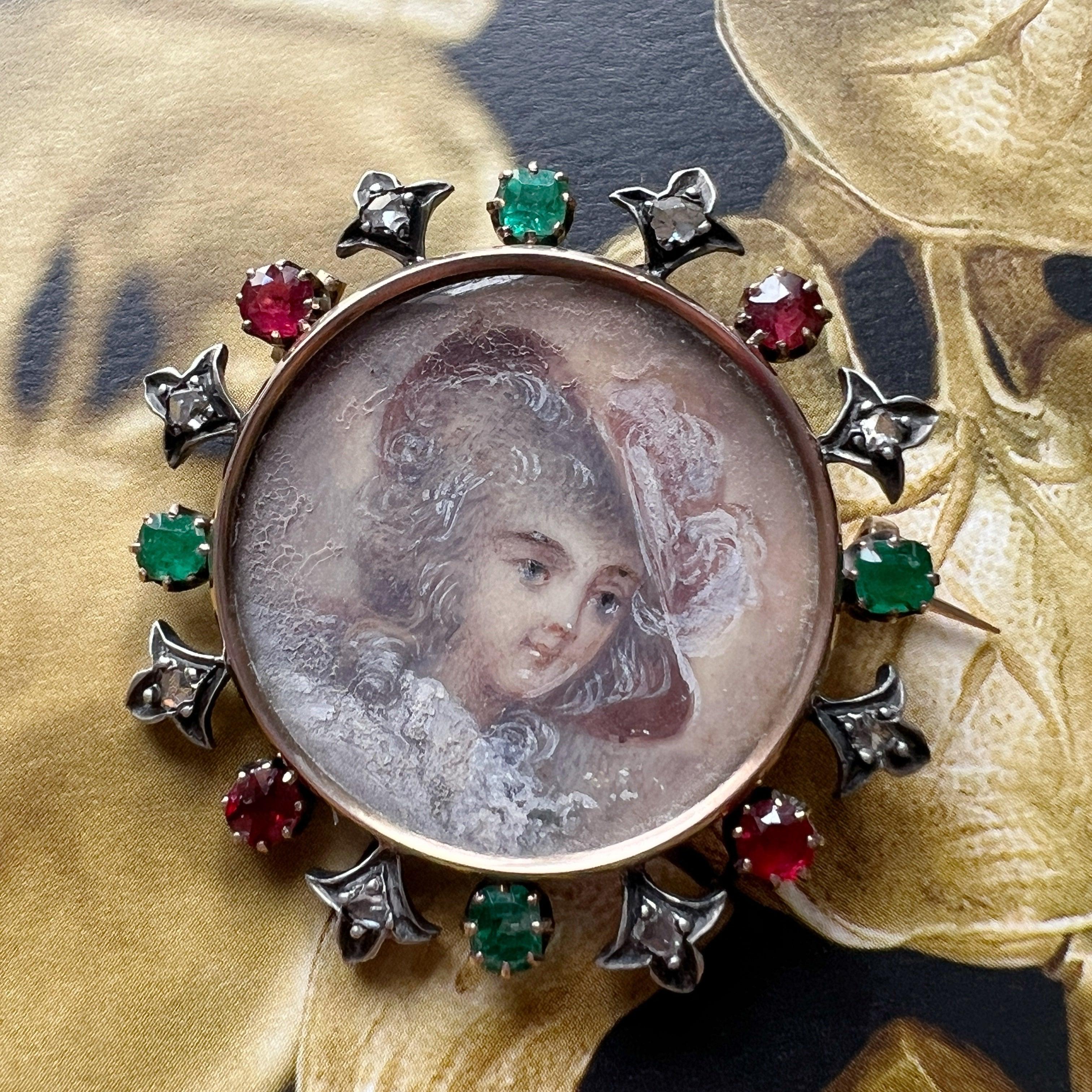 Victorian 18K miniature portrait brooch with diamonds emeralds and rubies - Curiously timeless