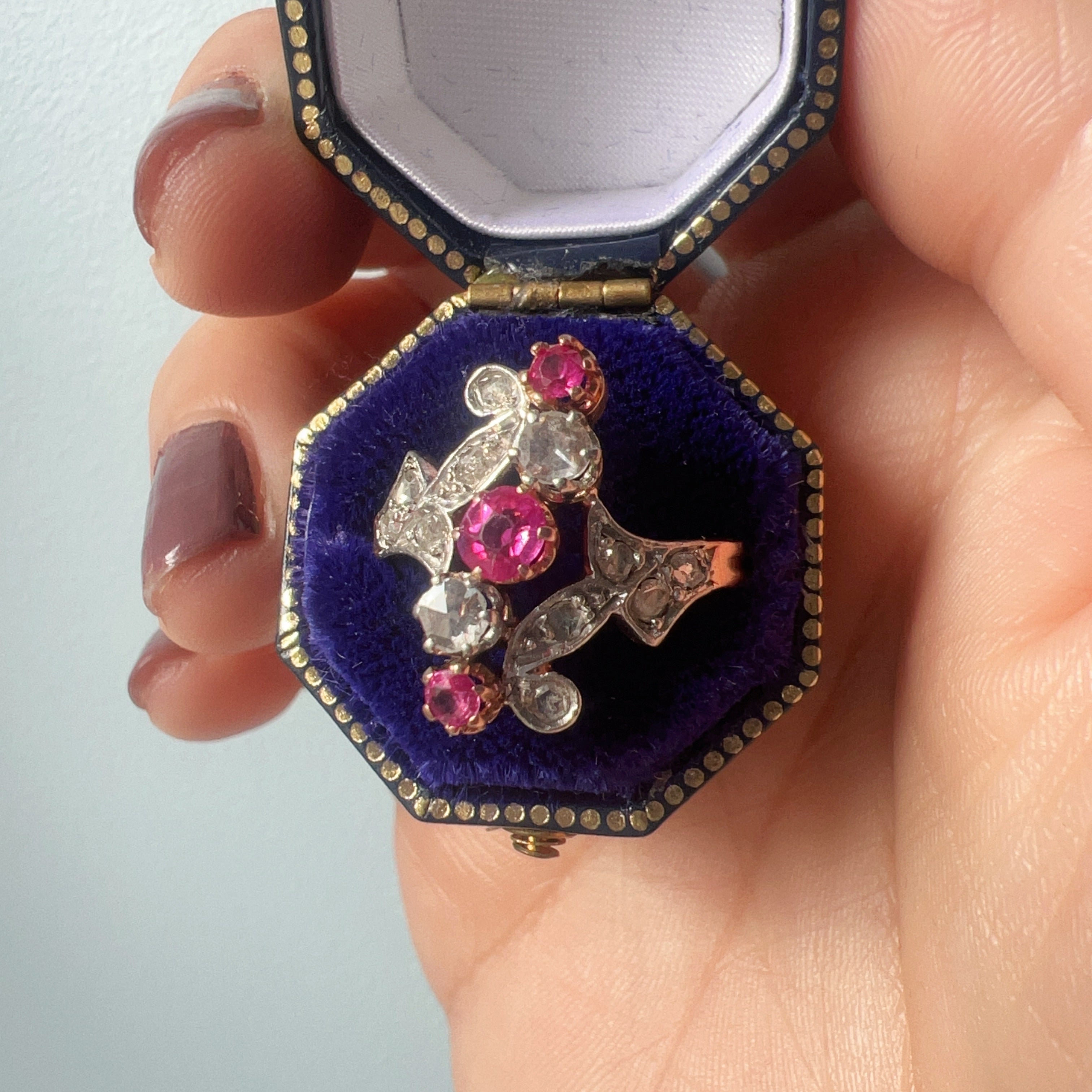 Victorian Era 18K Gold Ring with Pink Sapphires & Rose Cut Diamonds