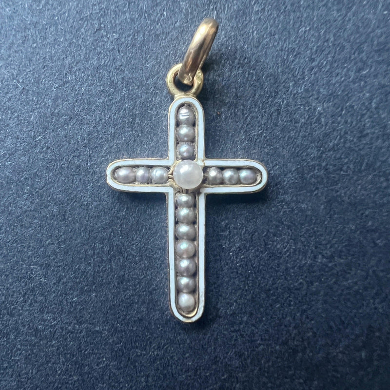 Victorian 18K gold white enamel natural pearl cross pendant - Curiously timeless