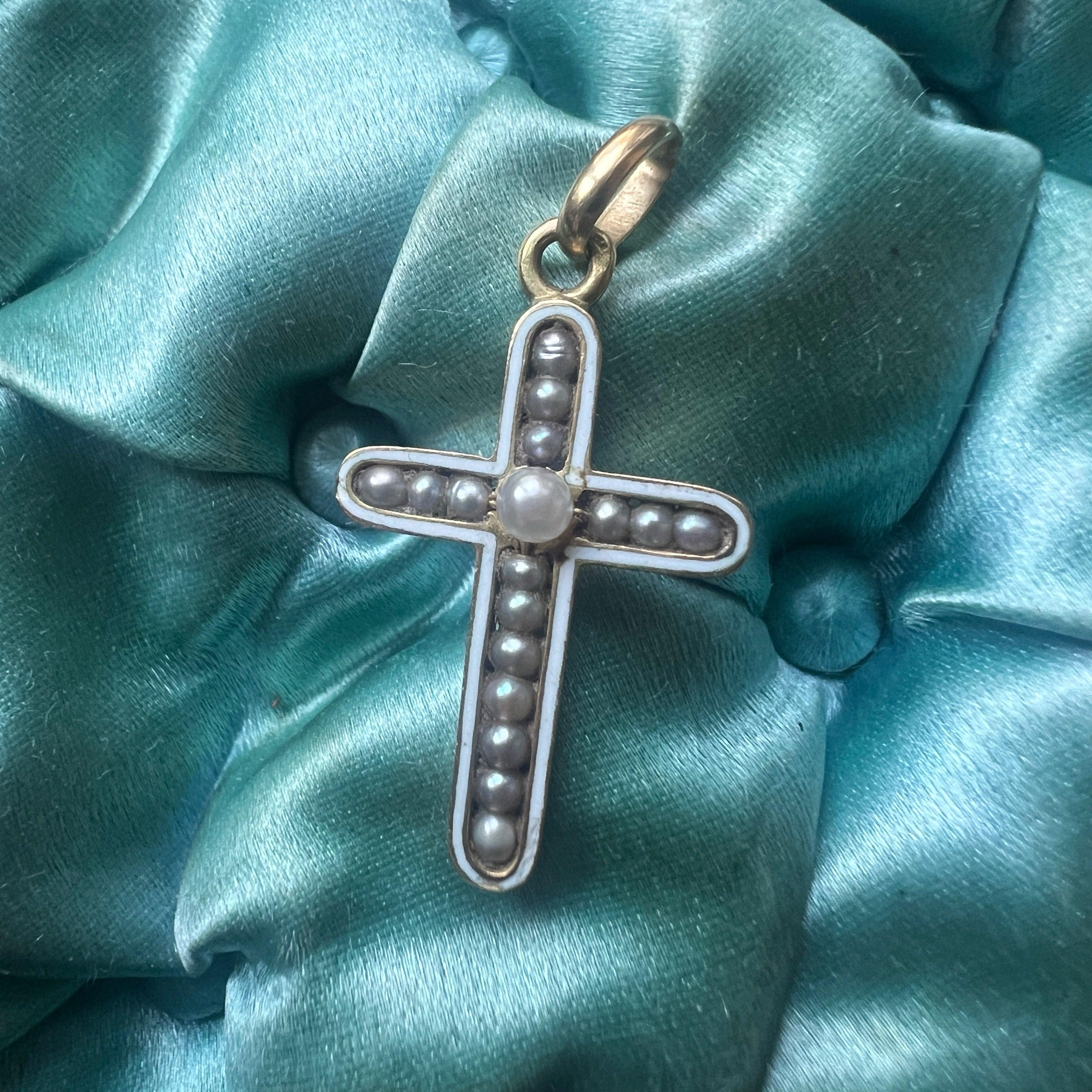 Victorian 18K gold white enamel natural pearl cross pendant - Curiously timeless