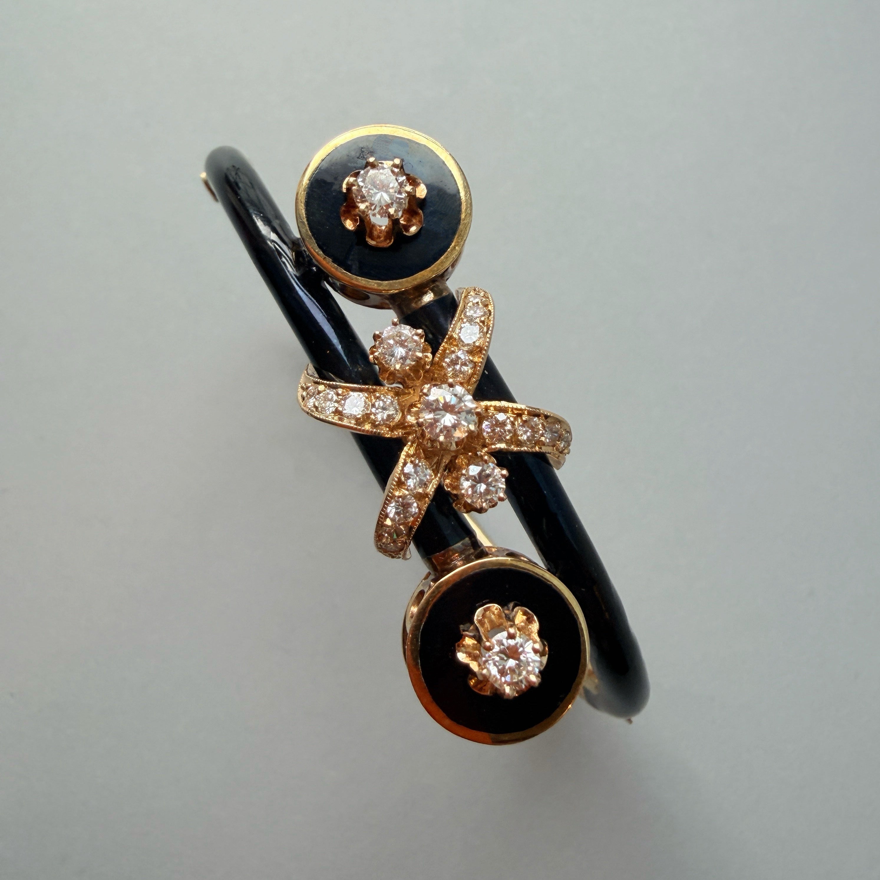 Vintage 14K Yellow Gold Black Enamel Diamond Bow Bangle Bracelet