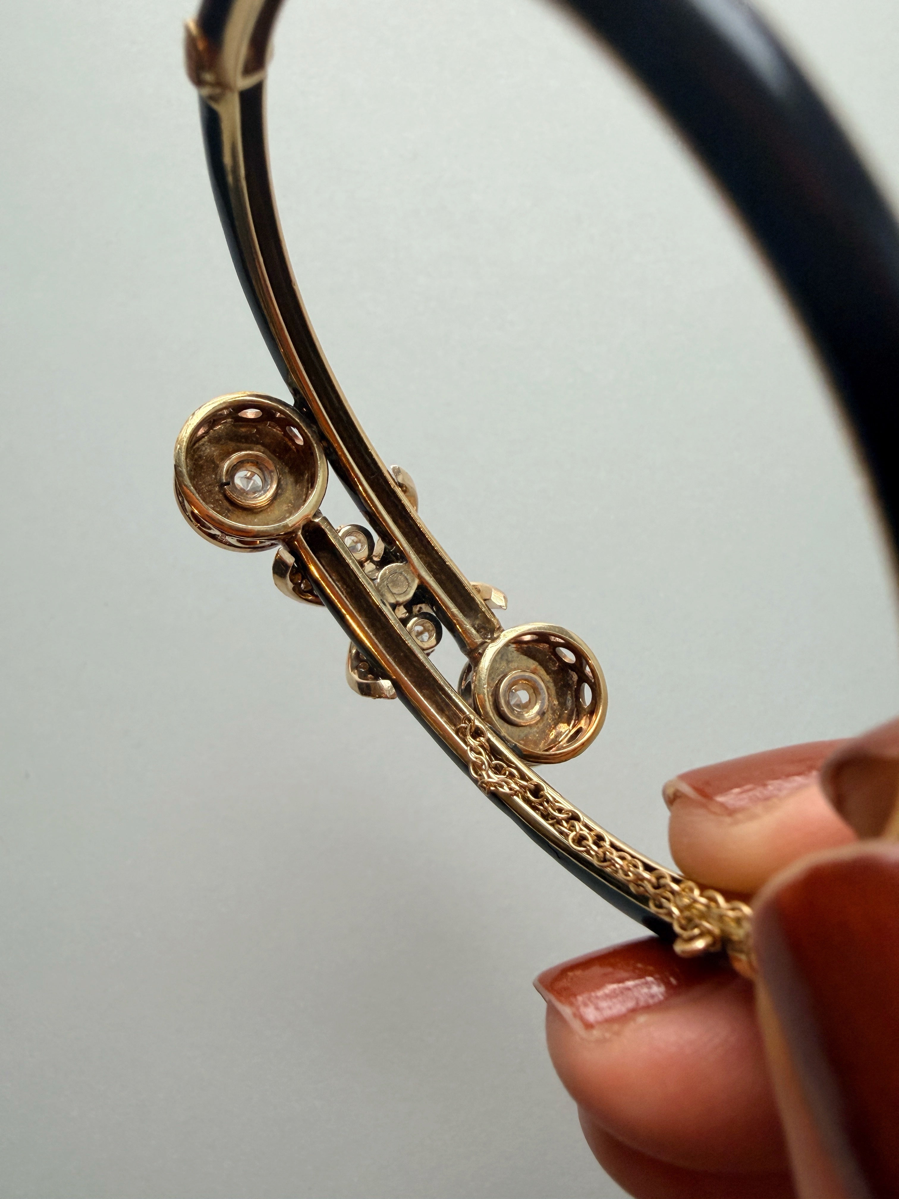 Vintage 14K Yellow Gold Black Enamel Diamond Bow Bangle Bracelet