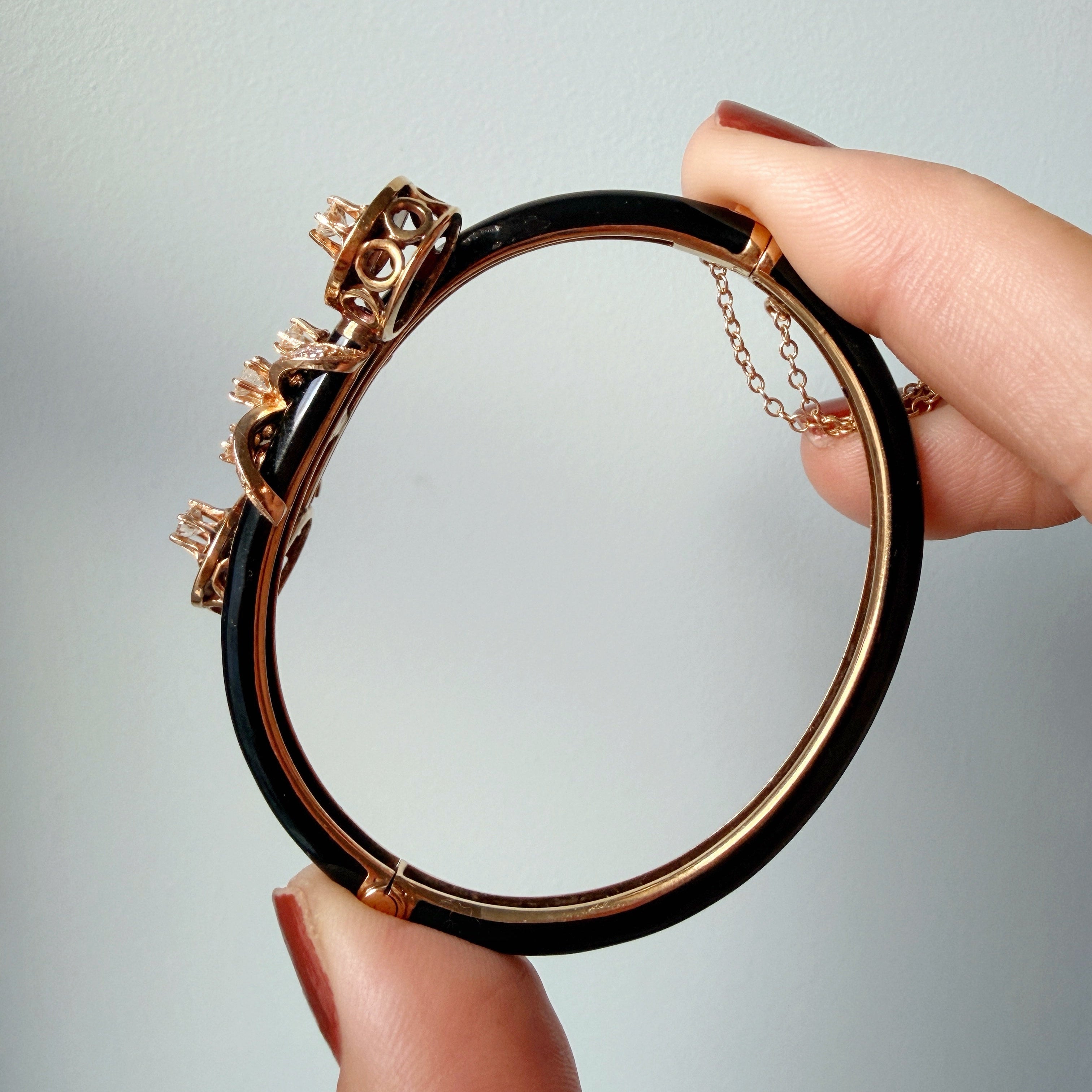 Vintage 14K Yellow Gold Black Enamel Diamond Bow Bangle Bracelet