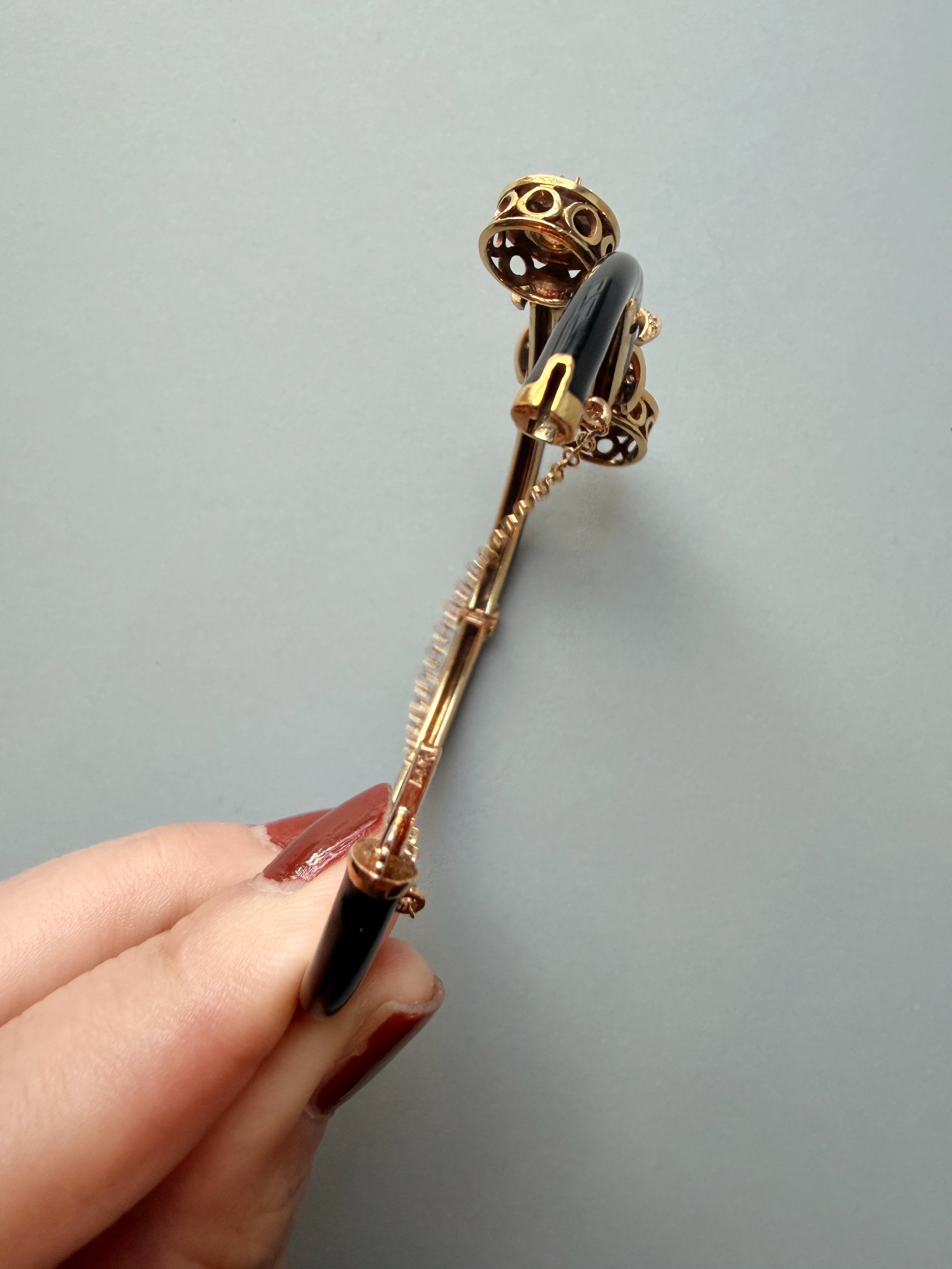 Vintage 14K Yellow Gold Black Enamel Diamond Bow Bangle Bracelet