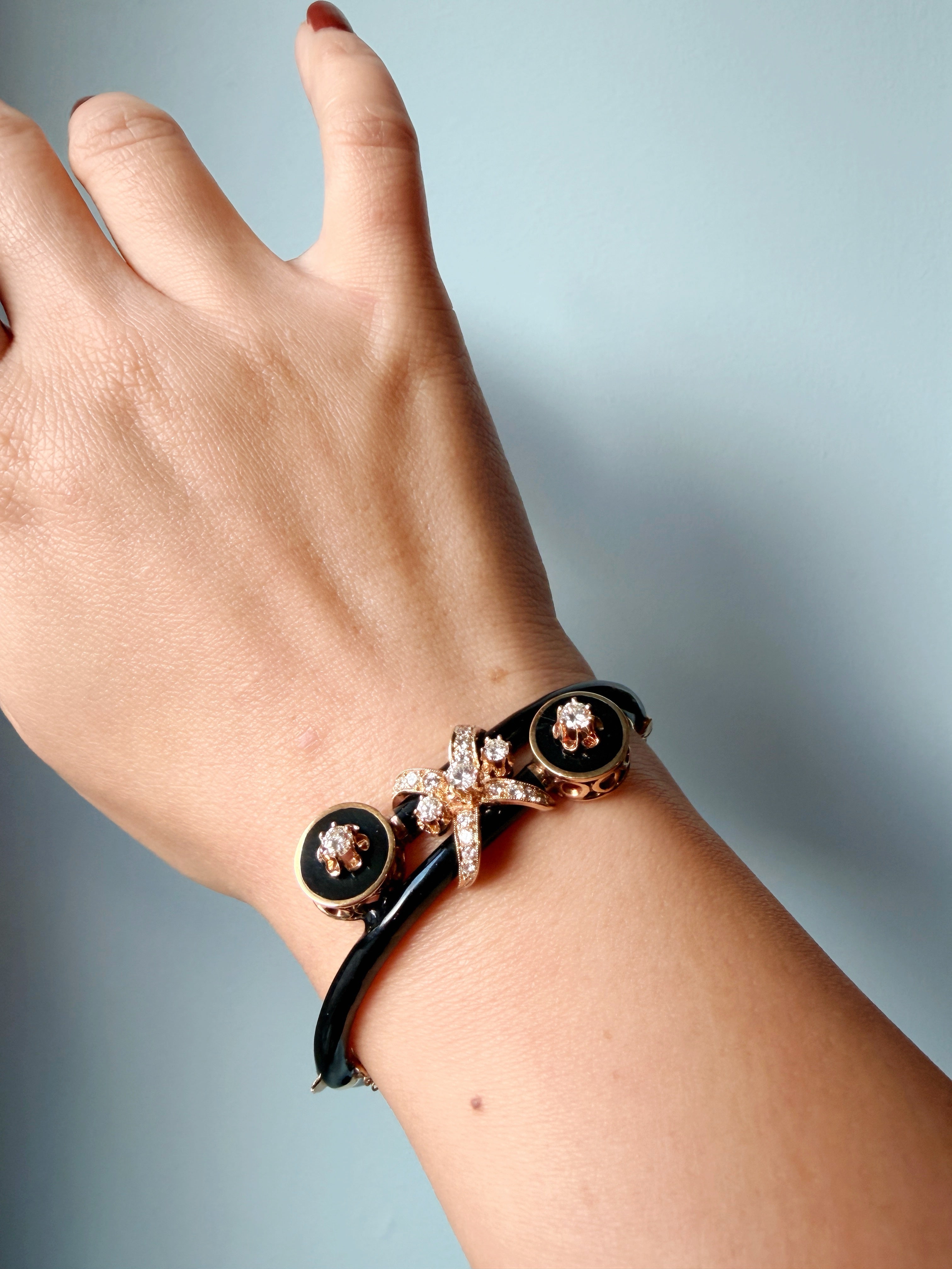 Vintage 14K Yellow Gold Black Enamel Diamond Bow Bangle Bracelet