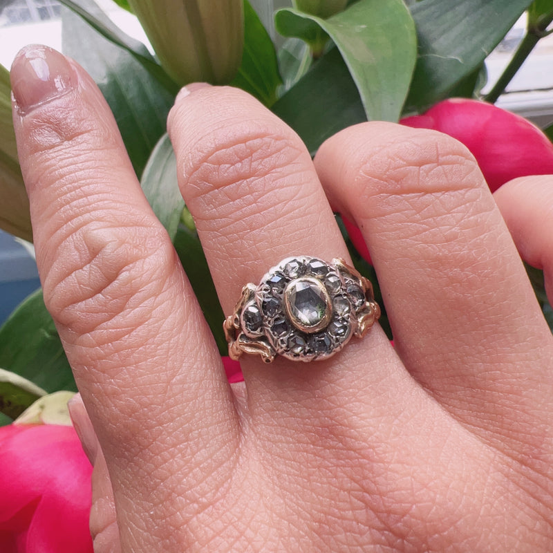 Georgian era 18K gold rose cut diamond cluster ring