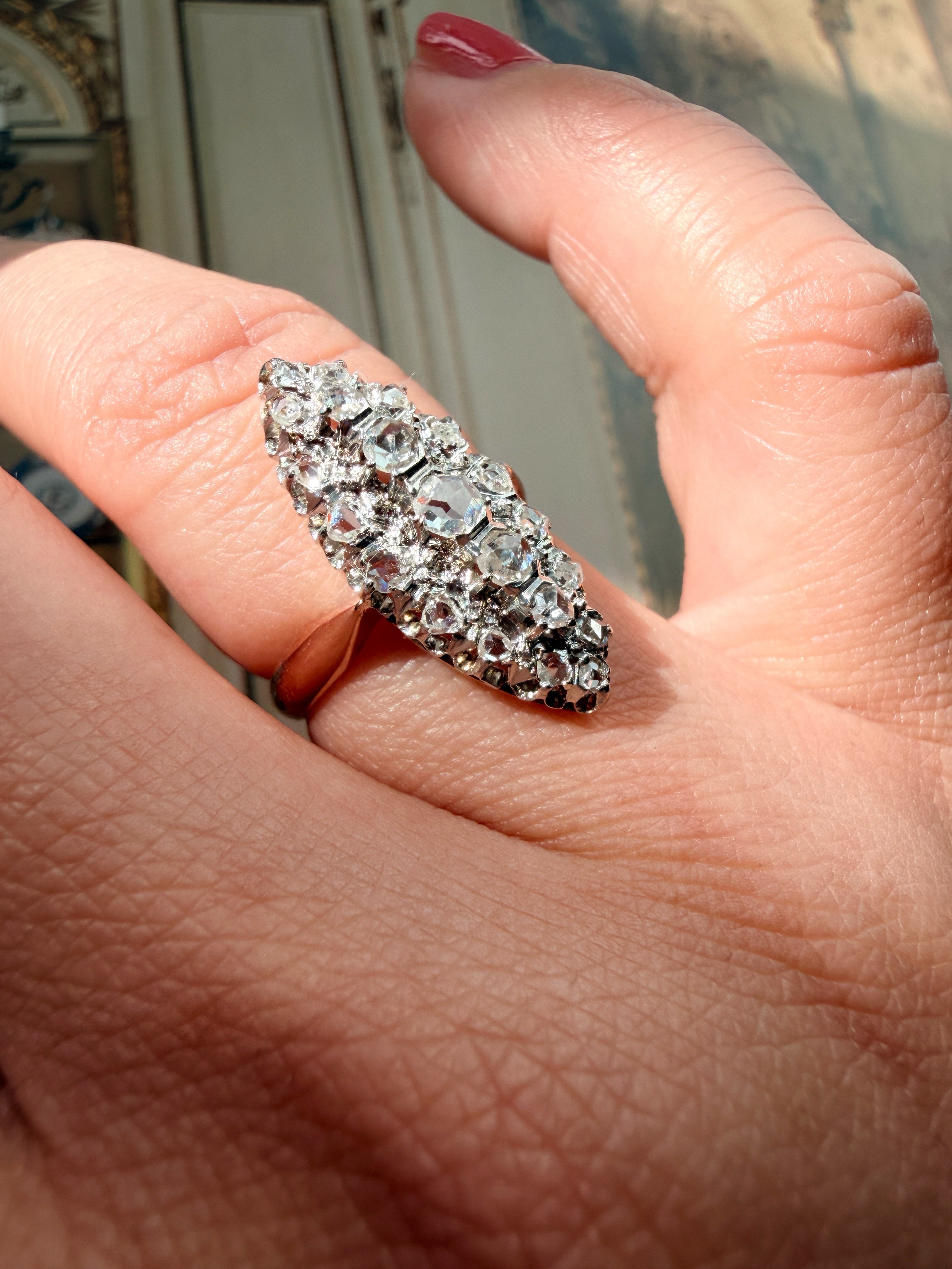 French antique 18K gold rose cut diamond marquise ring