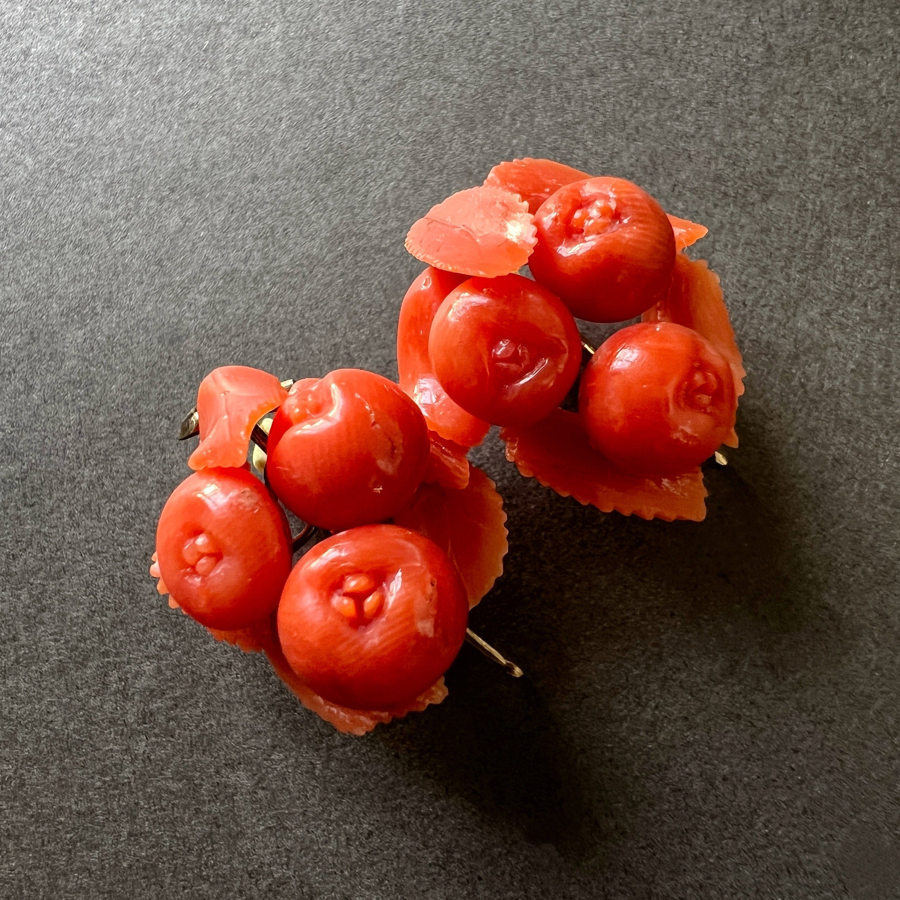 Victorian Era 9K Gold sculptured Coral fruit Earrings