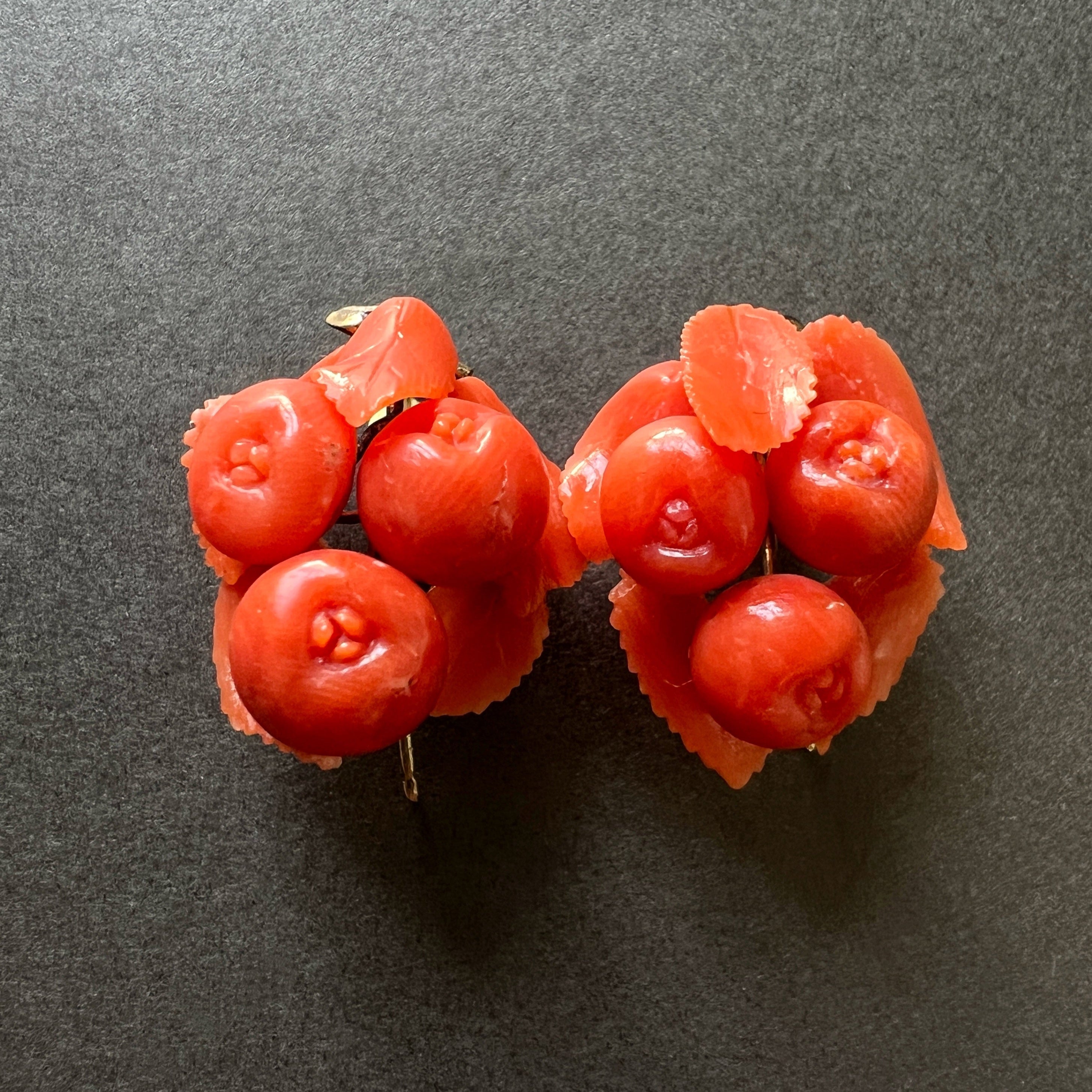 Victorian Era 9K Gold sculptured Coral fruit Earrings