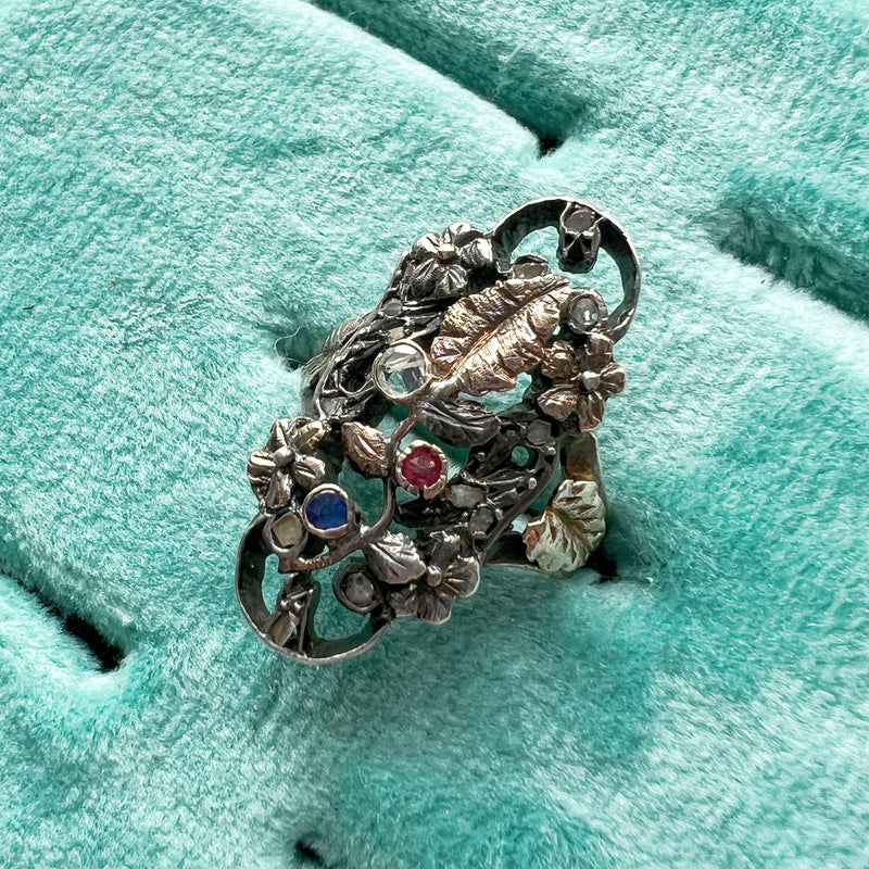 Victorian era 18K gold French flower bouquet ring