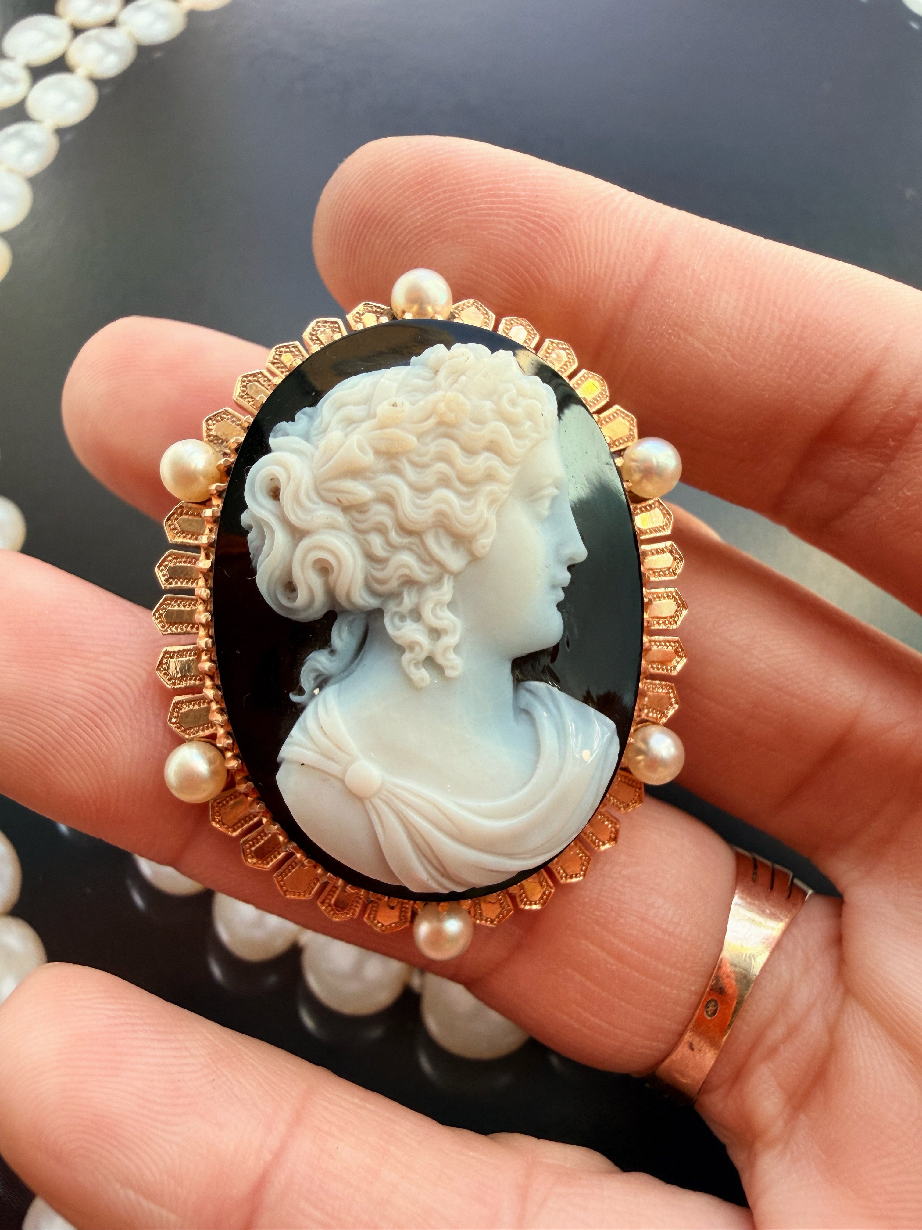 Victorian era French 18K Gold Onyx Pearl Cameo Brooch