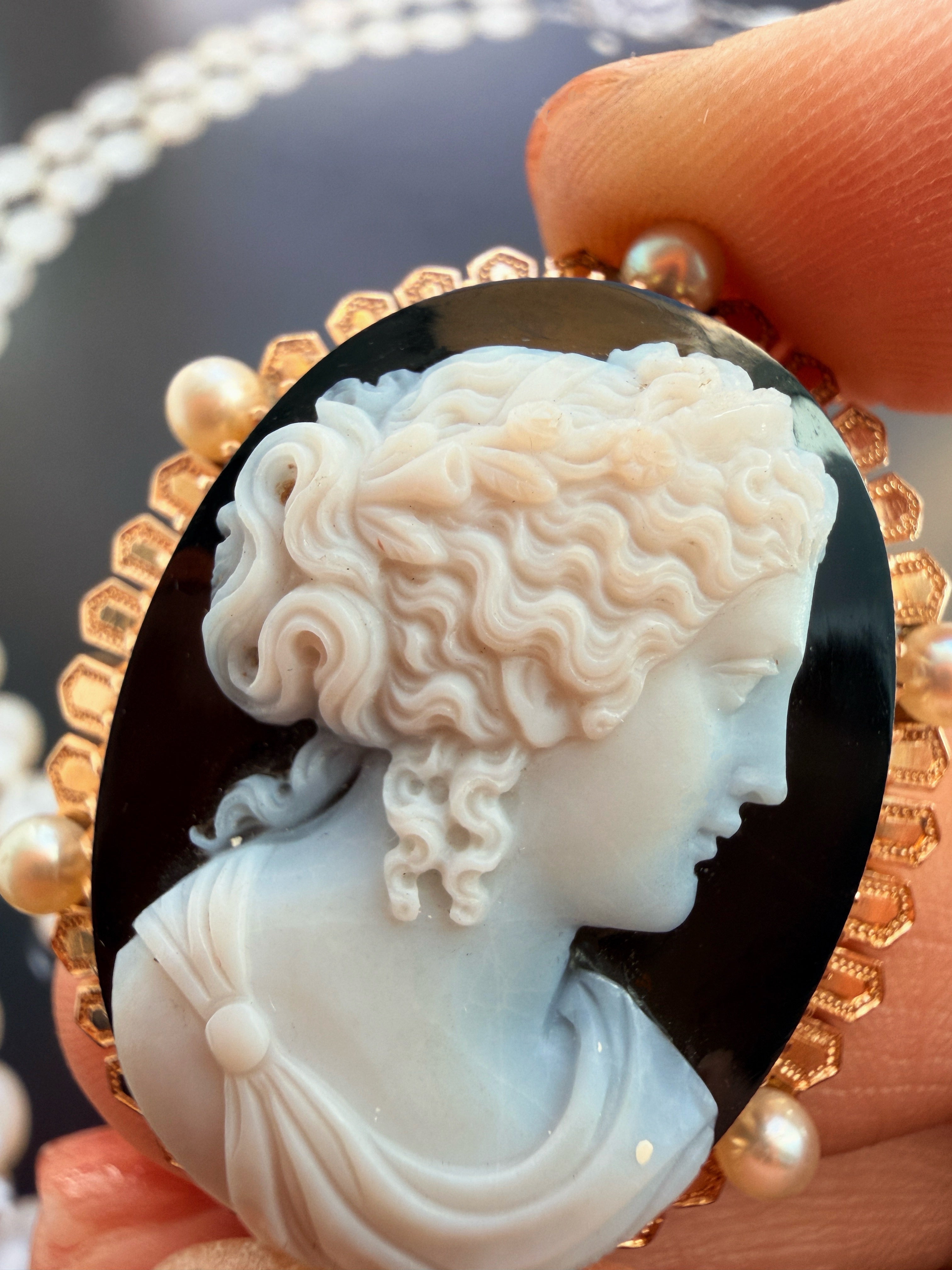 Victorian era French 18K Gold Onyx Pearl Cameo Brooch