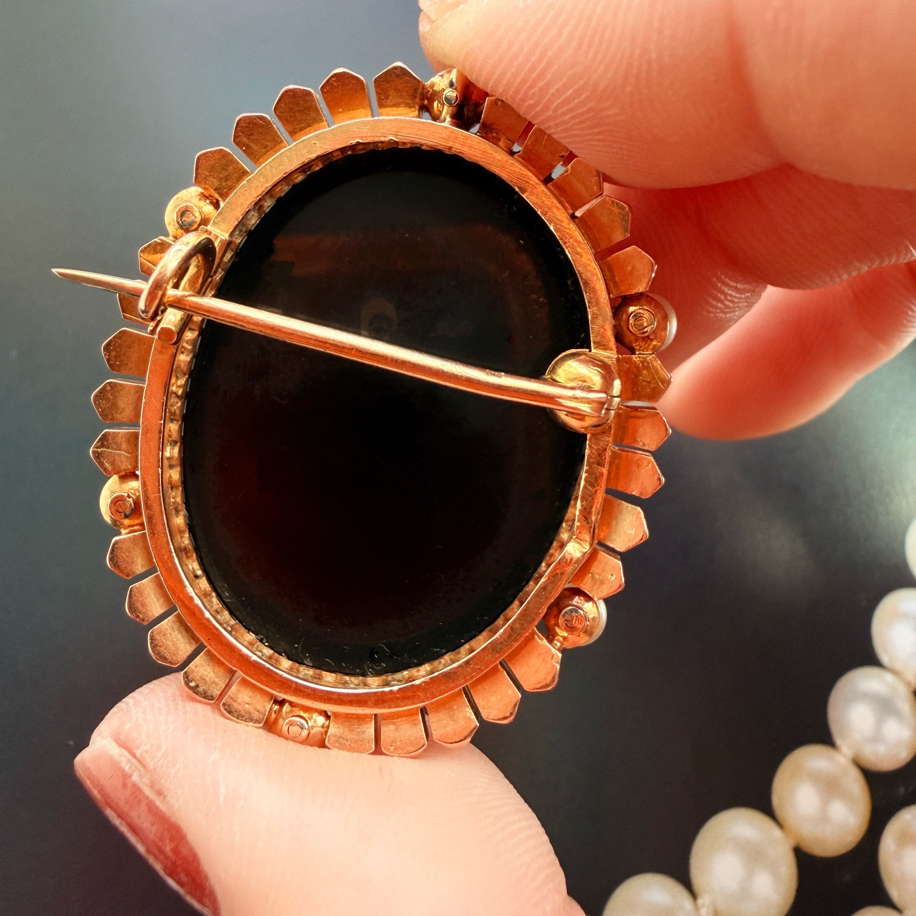 Victorian Era French 18K Gold and Onyx Cameo Brooch with Pearls