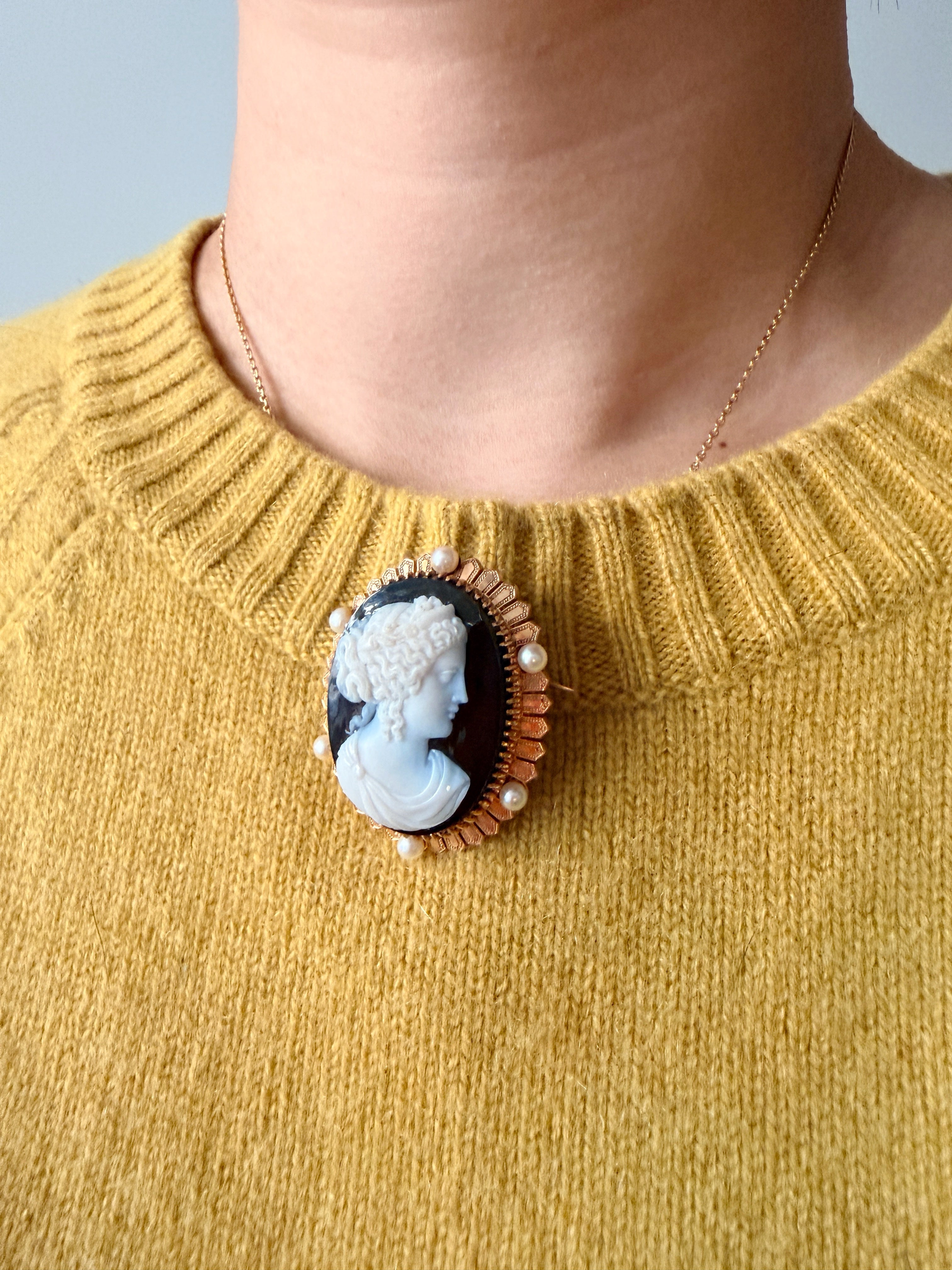 Victorian era French 18K Gold Onyx Pearl Cameo Brooch