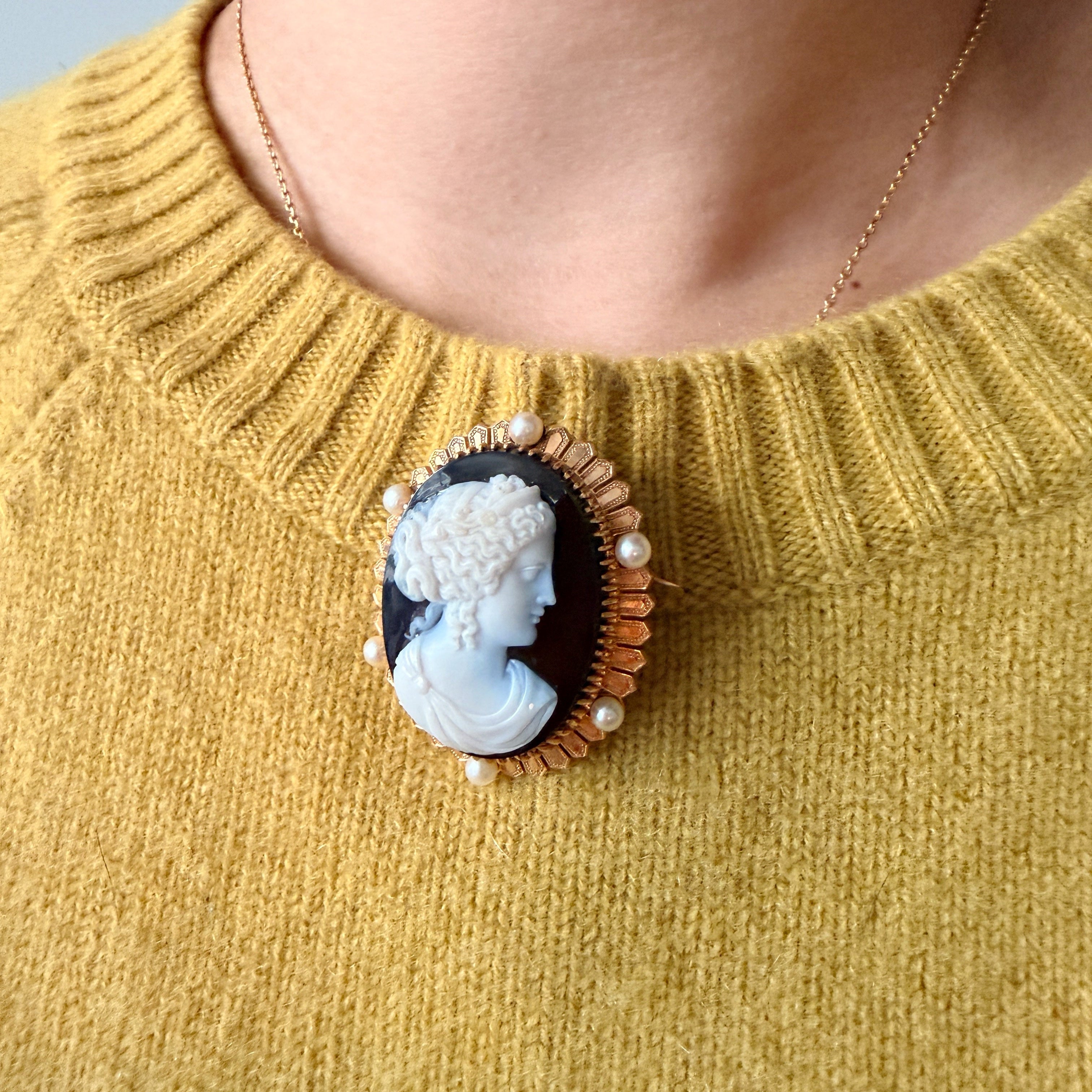 Victorian Era French 18K Gold and Onyx Cameo Brooch with Pearls