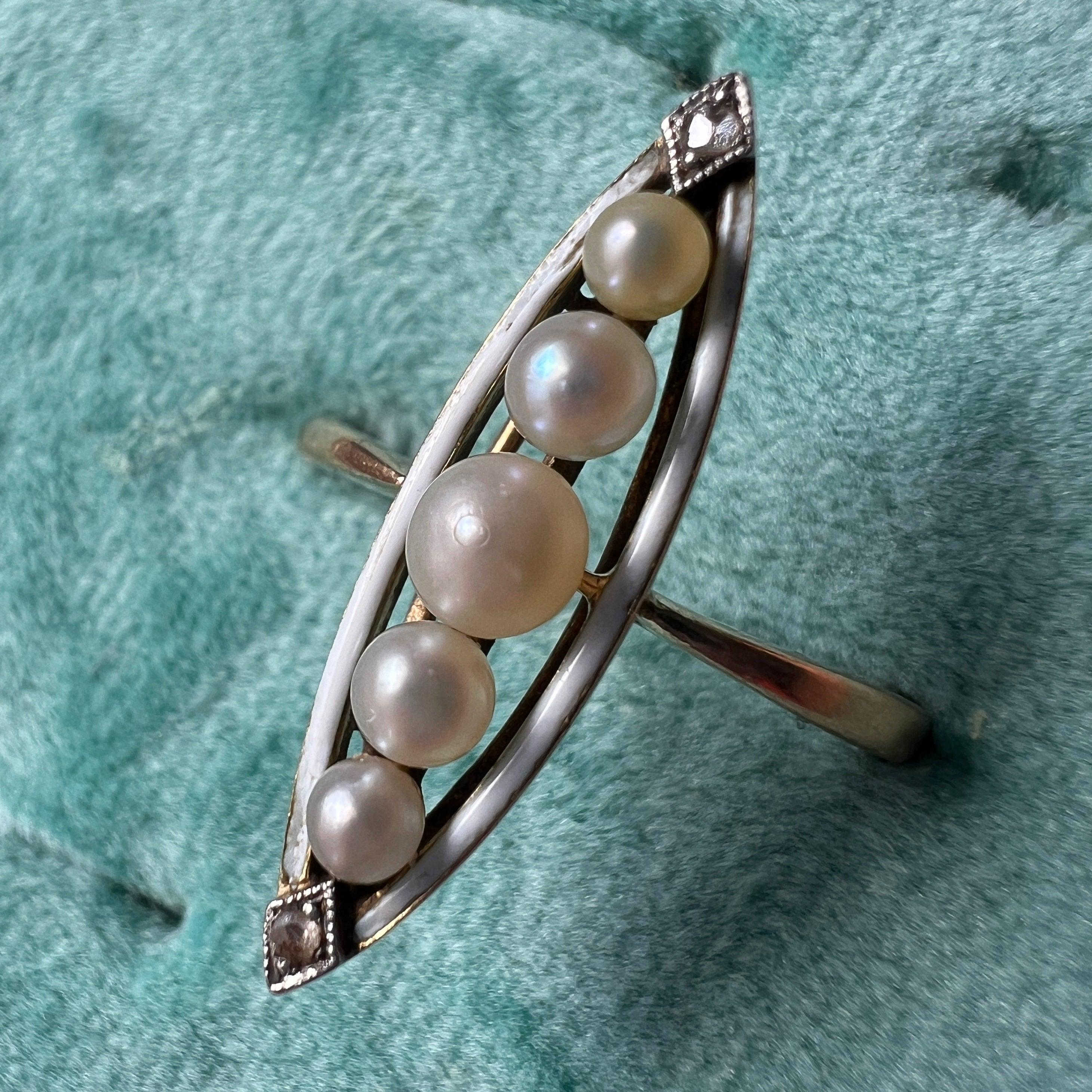 Victorian 18K gold pearl diamond white enamel marquise ring - Curiously timeless