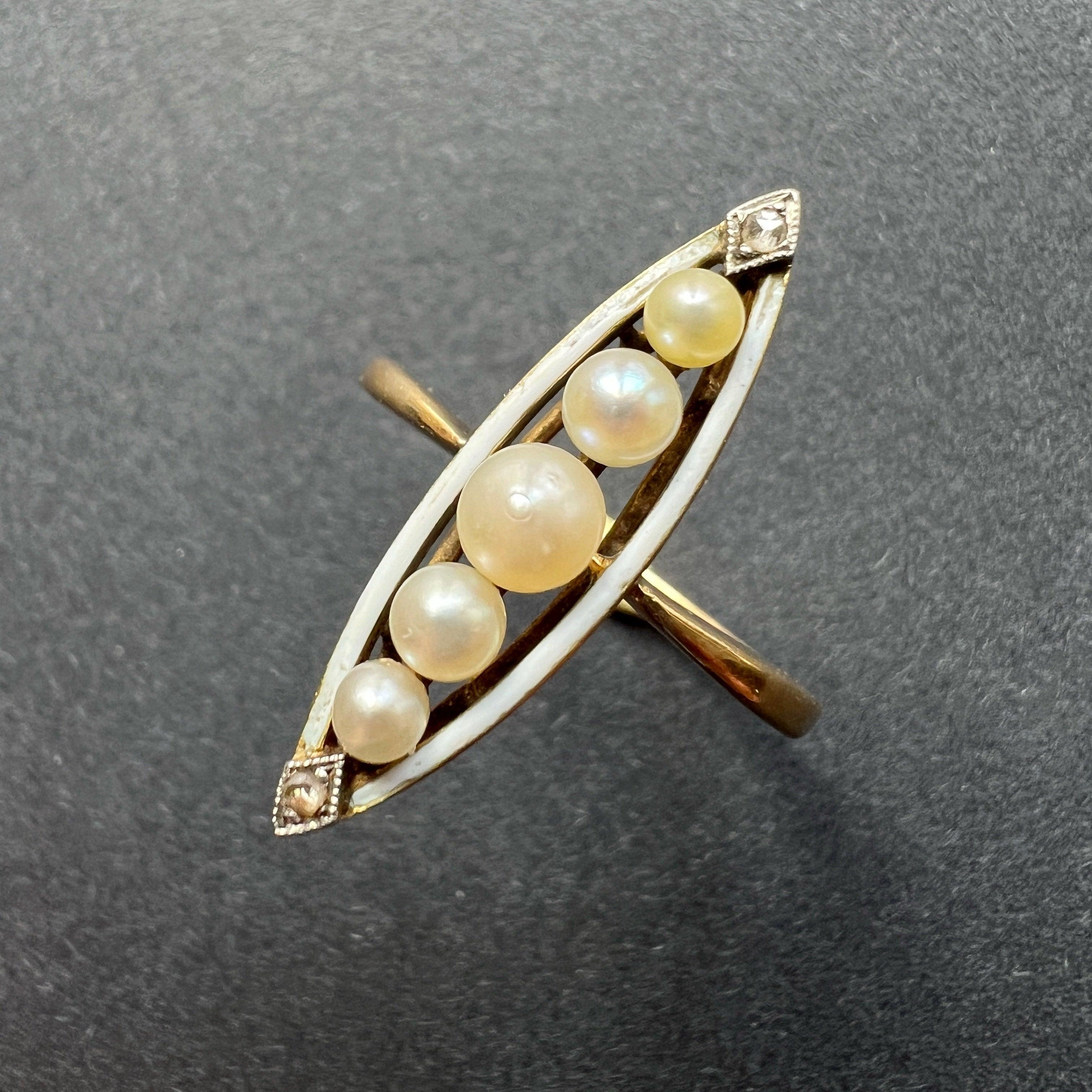 Victorian 18K gold pearl diamond white enamel marquise ring - Curiously timeless