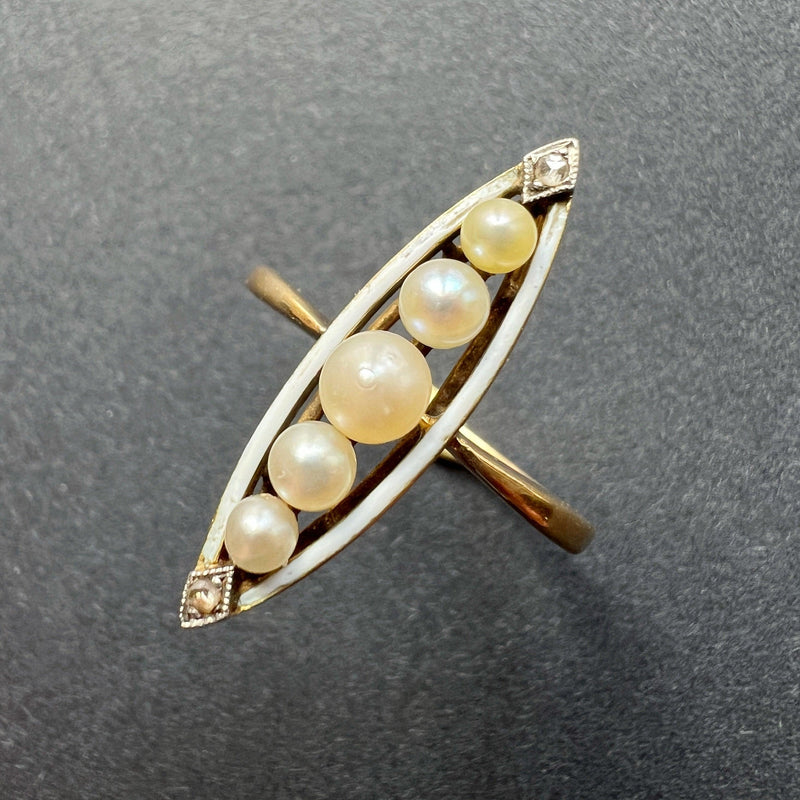 Victorian 18K gold pearl diamond white enamel marquise ring - Curiously timeless