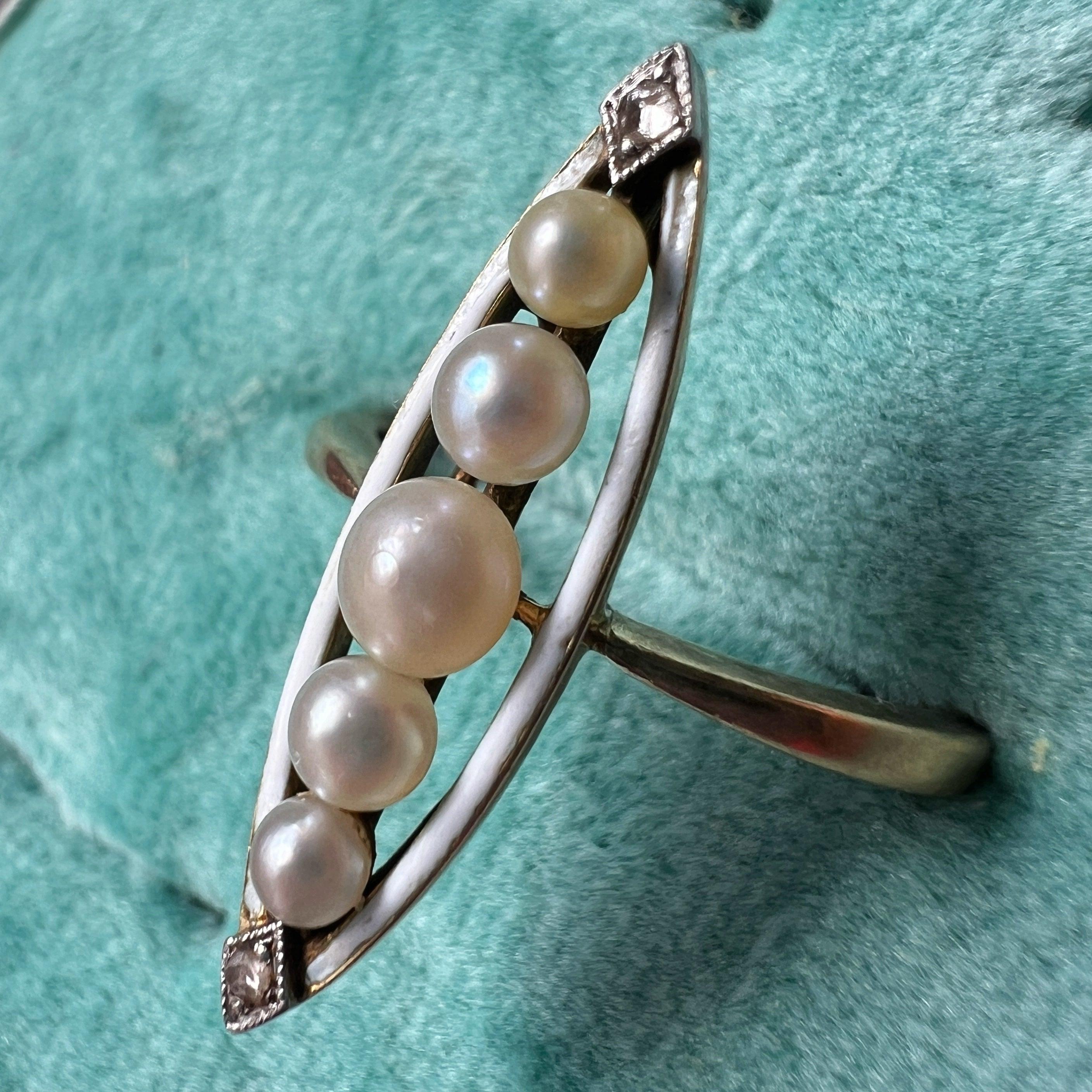 Victorian 18K gold pearl diamond white enamel marquise ring - Curiously timeless