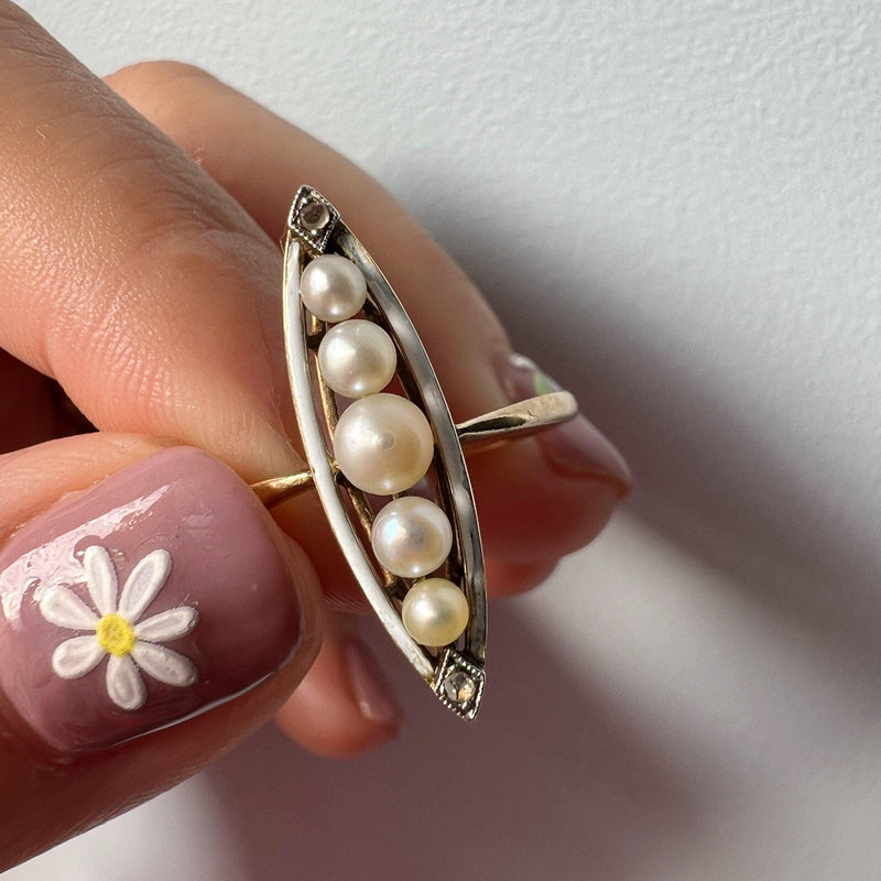 Victorian 18K gold pearl diamond white enamel marquise ring - Curiously timeless