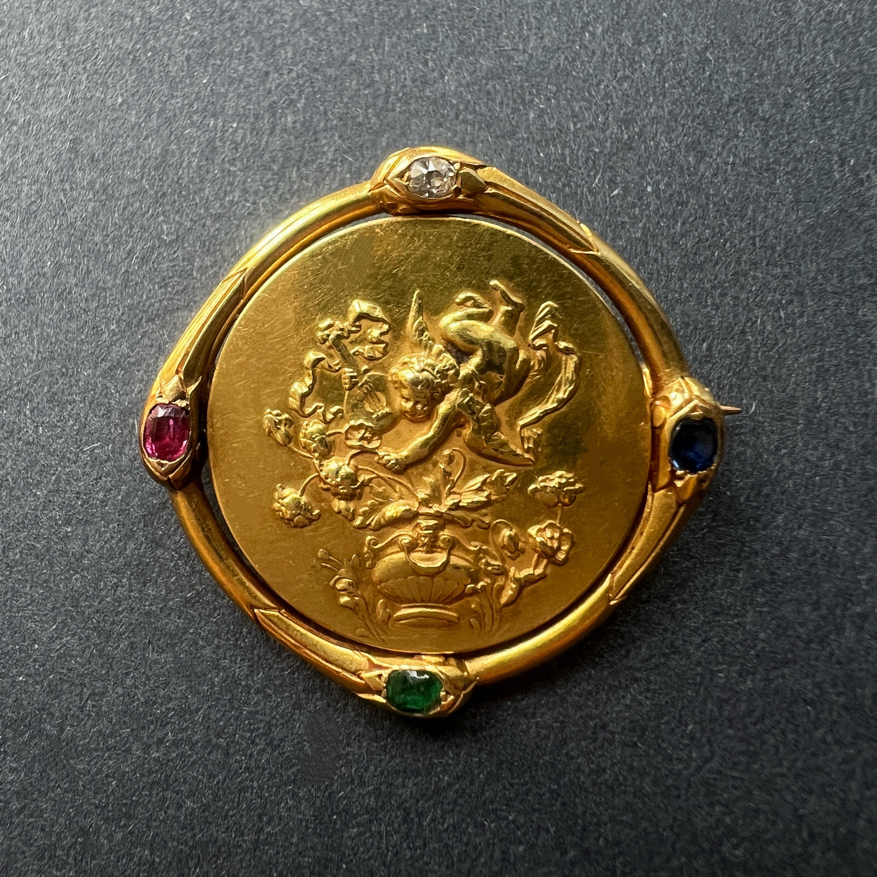 Victorian 18K gold double sided cherub cupid snake brooch