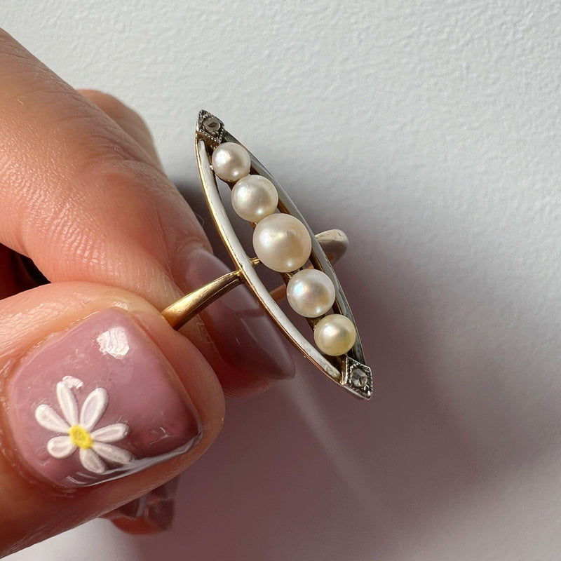 Victorian 18K gold pearl diamond white enamel marquise ring - Curiously timeless