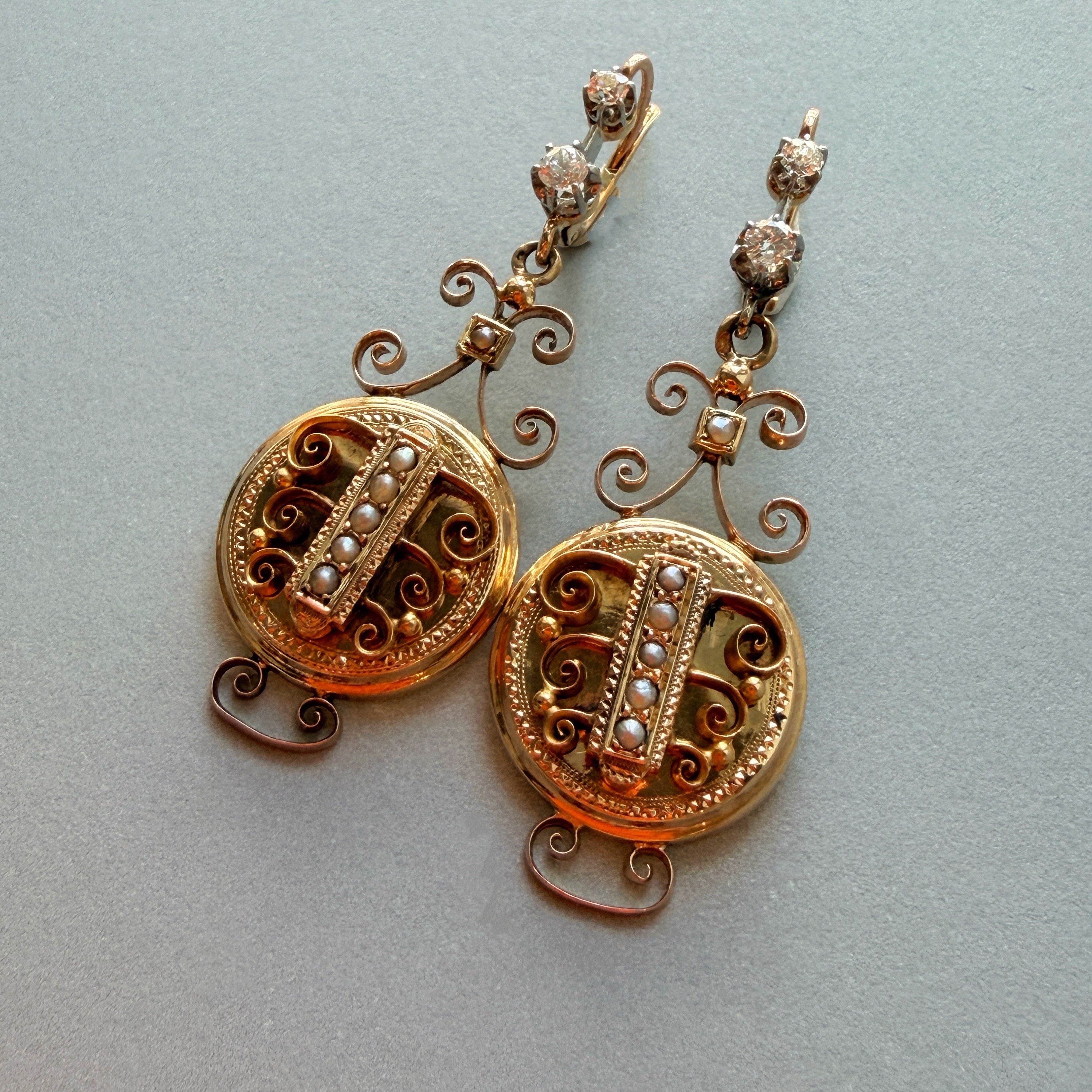 French Antique 18K Gold Diamond Drop Earrings 