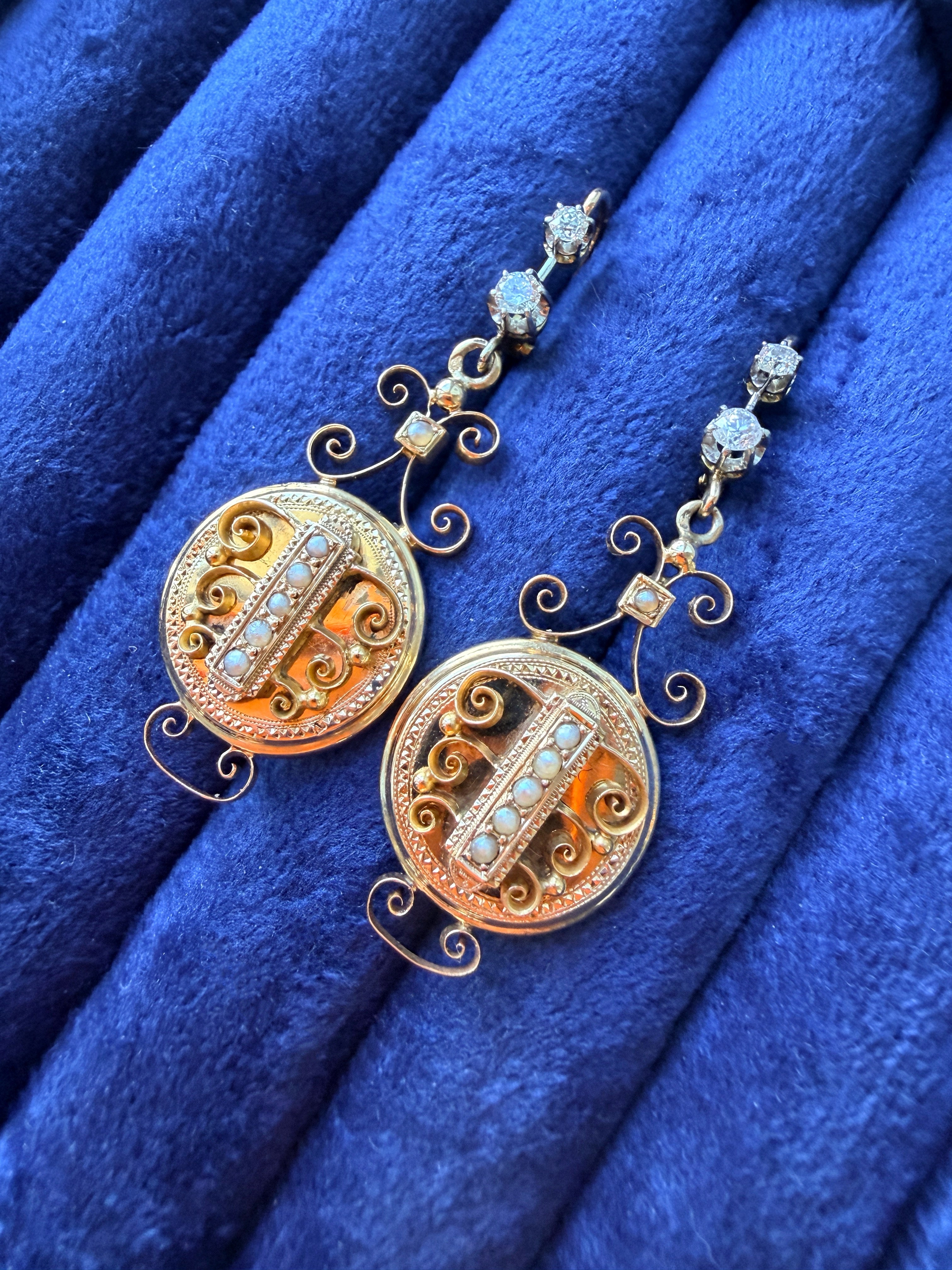 French Antique 18K Gold Diamond Drop Earrings 