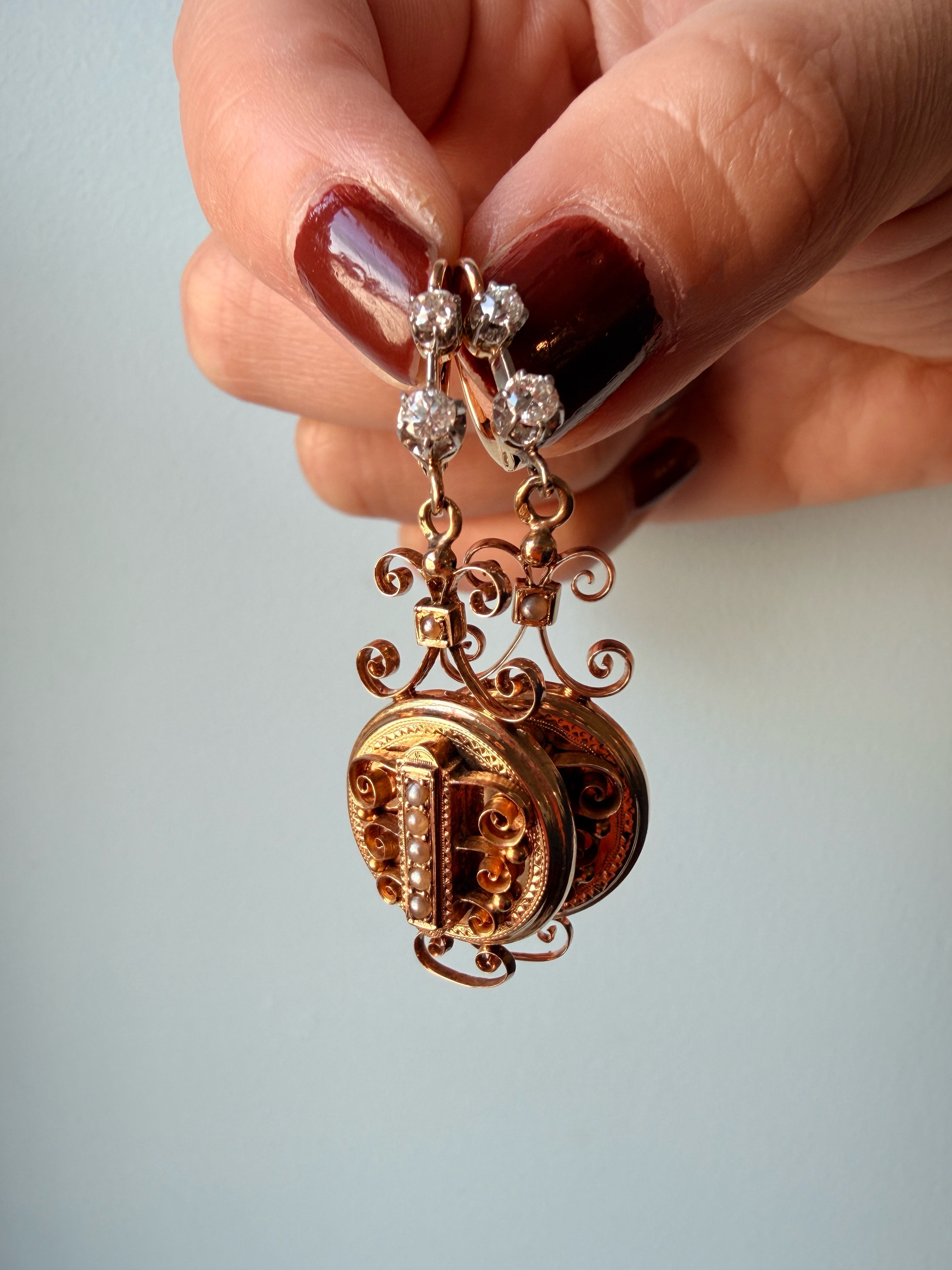 French Antique 18K Gold Diamond Drop Earrings 