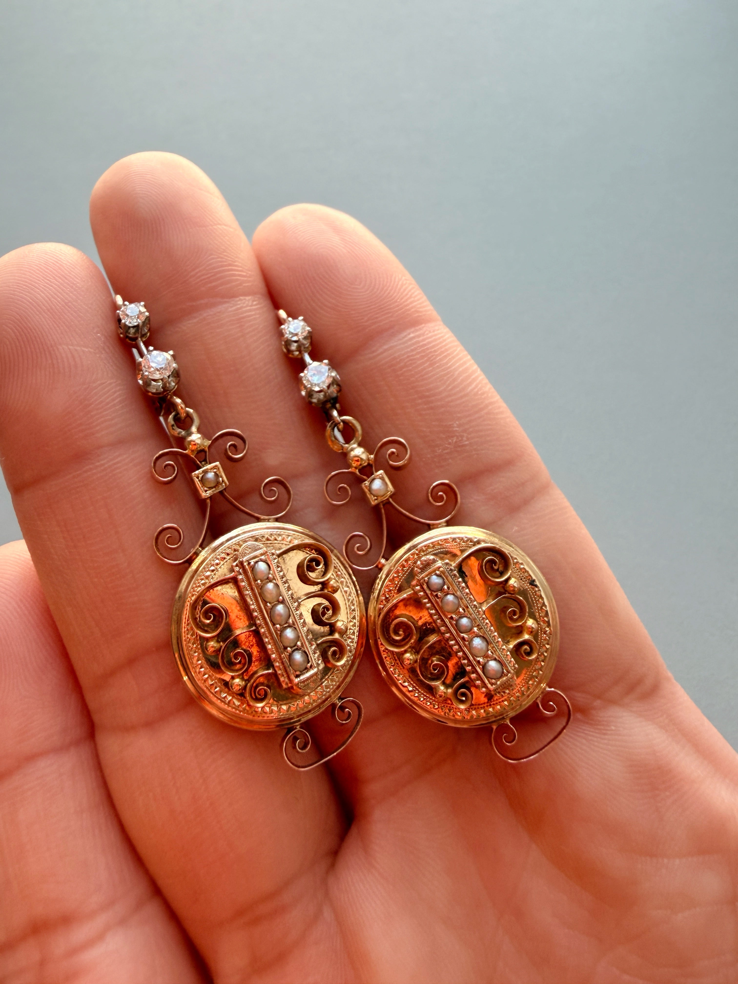 French Antique 18K Gold Diamond Drop Earrings 