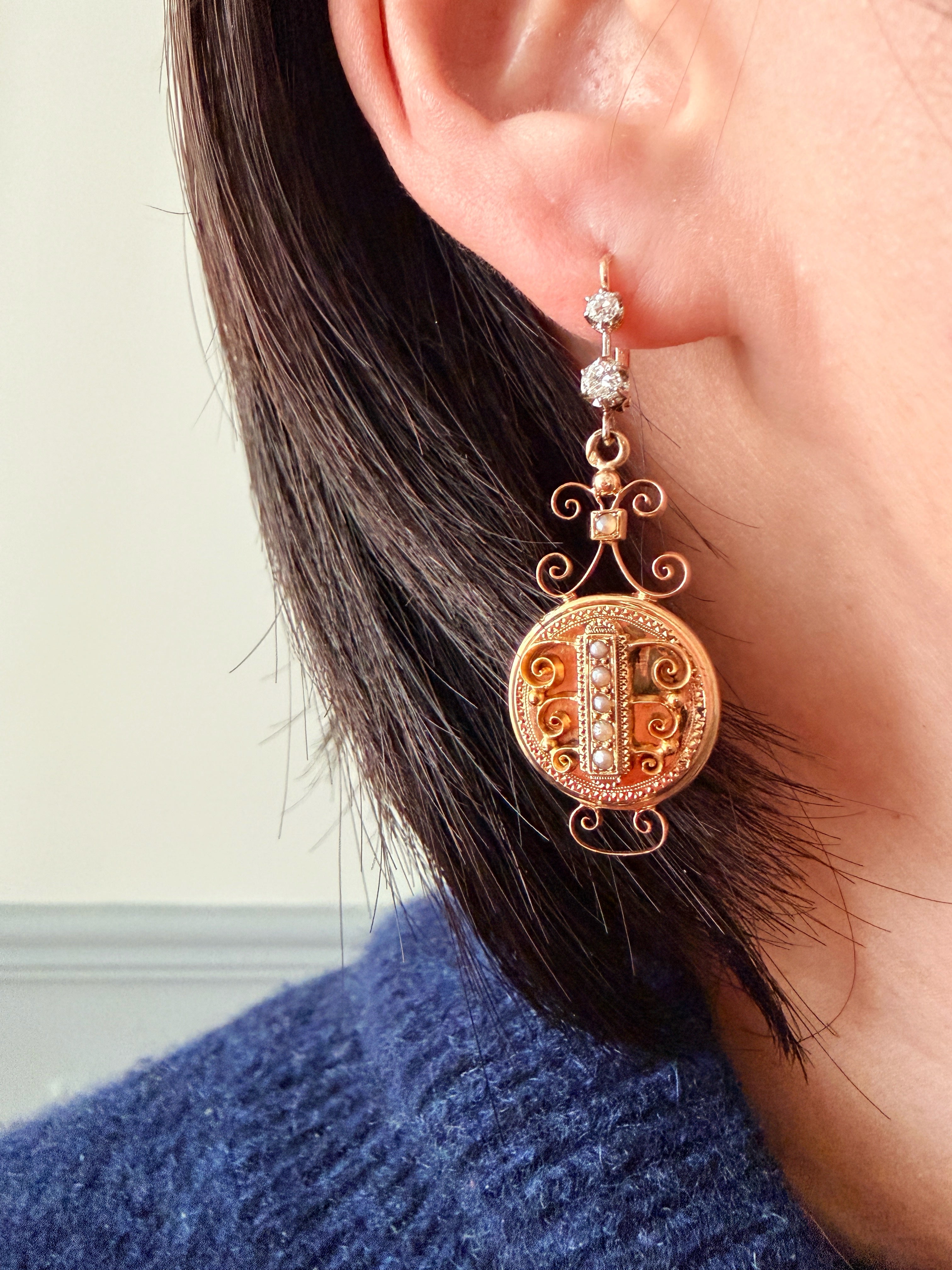 French Antique 18K Gold Diamond Drop Earrings 