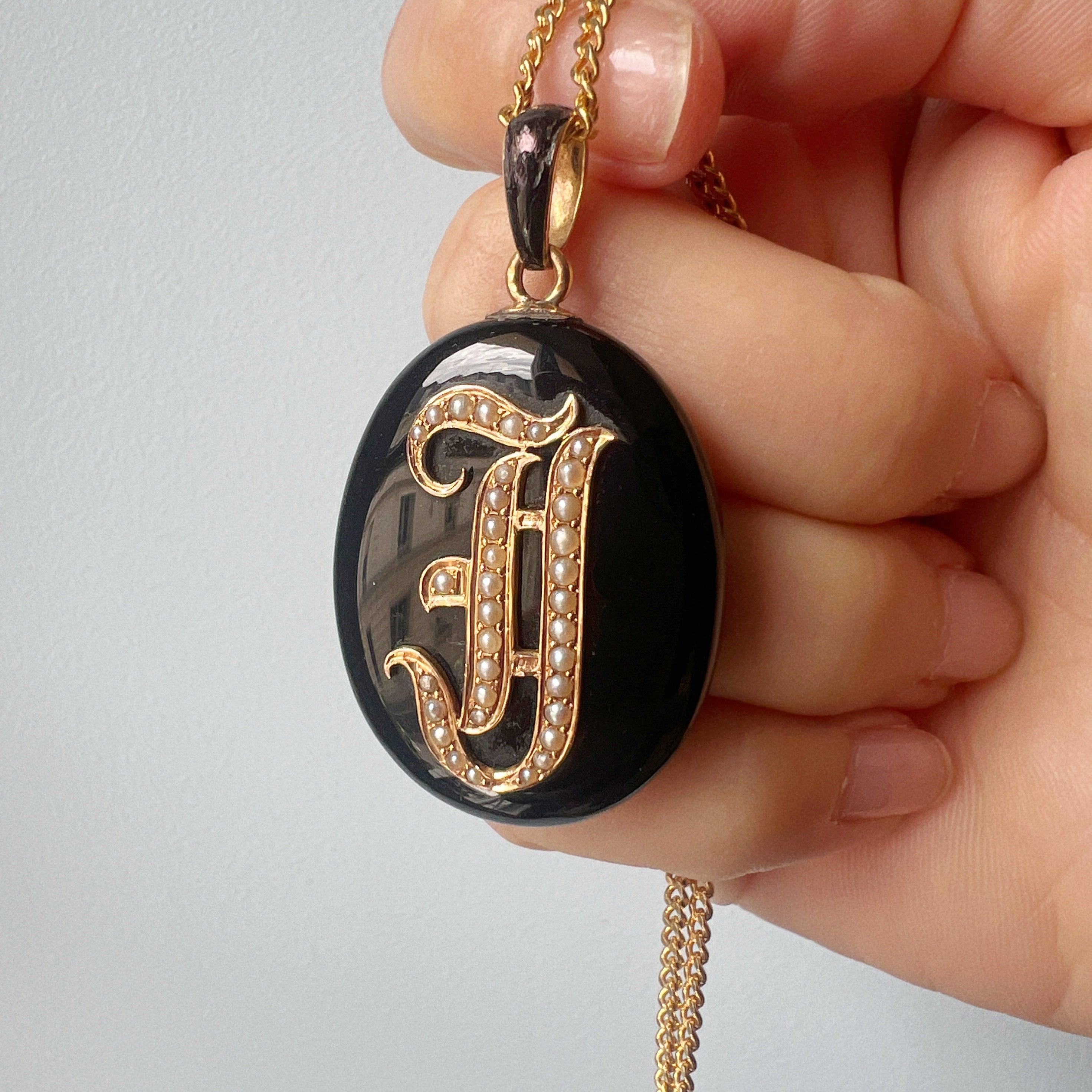 Reserved - Victorian era 18K gold onyx pearl “J” letter locket pendant - Curiously timeless