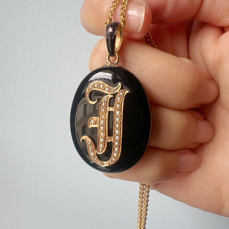 Reserved - Victorian era 18K gold onyx pearl “J” letter locket pendant