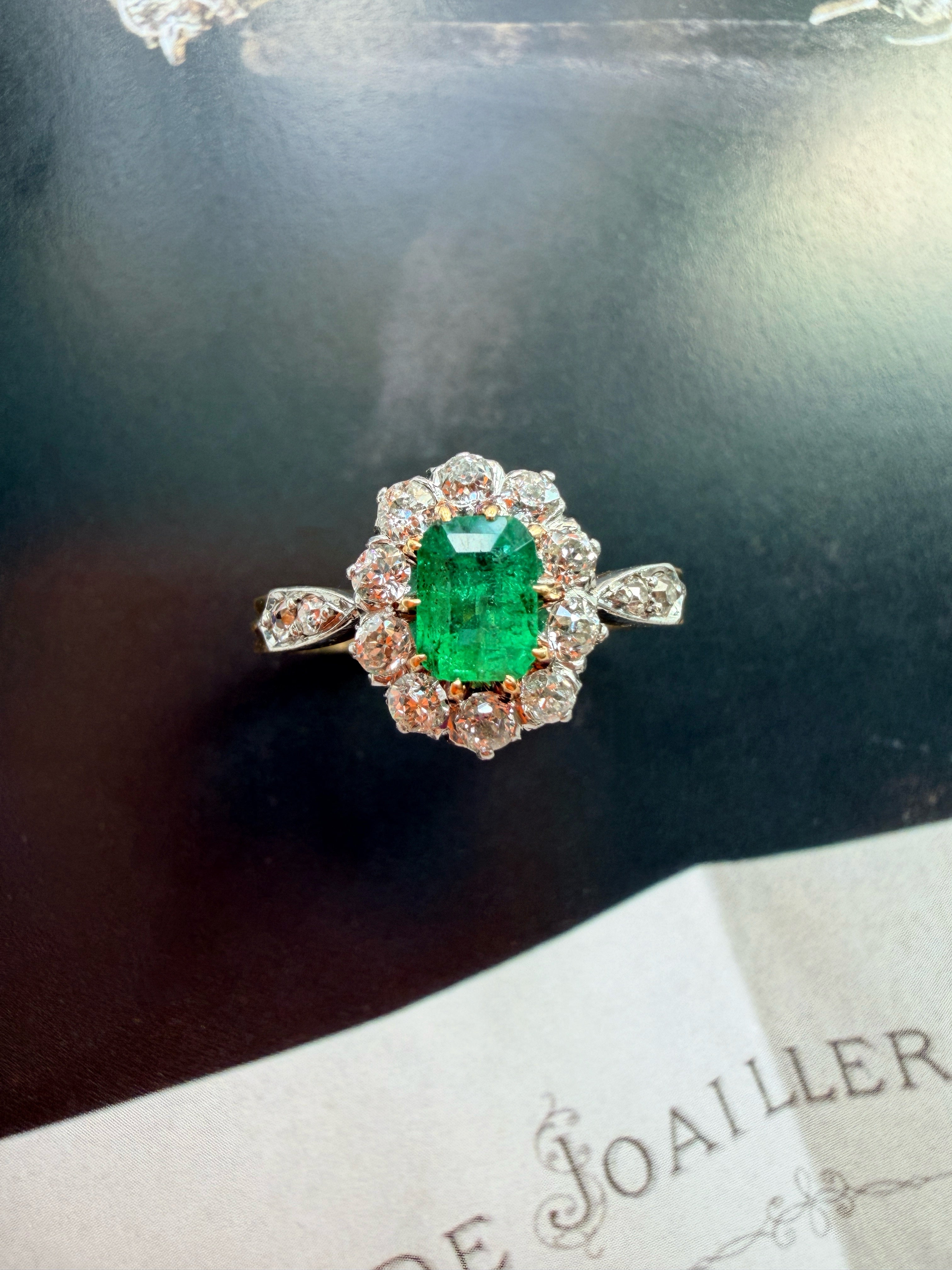 French antique 18K gold emerald diamond ring