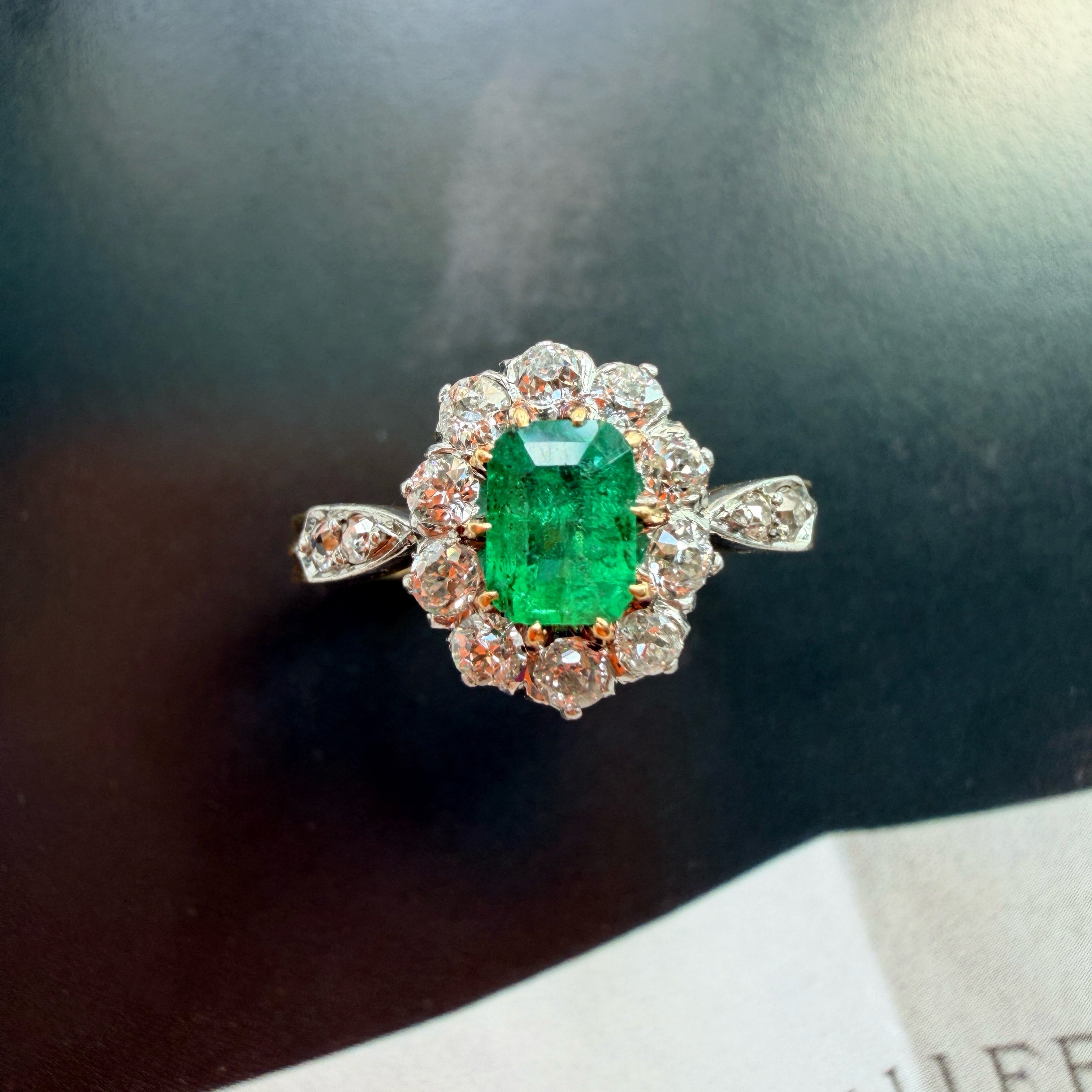 French antique 18K gold emerald diamond ring
