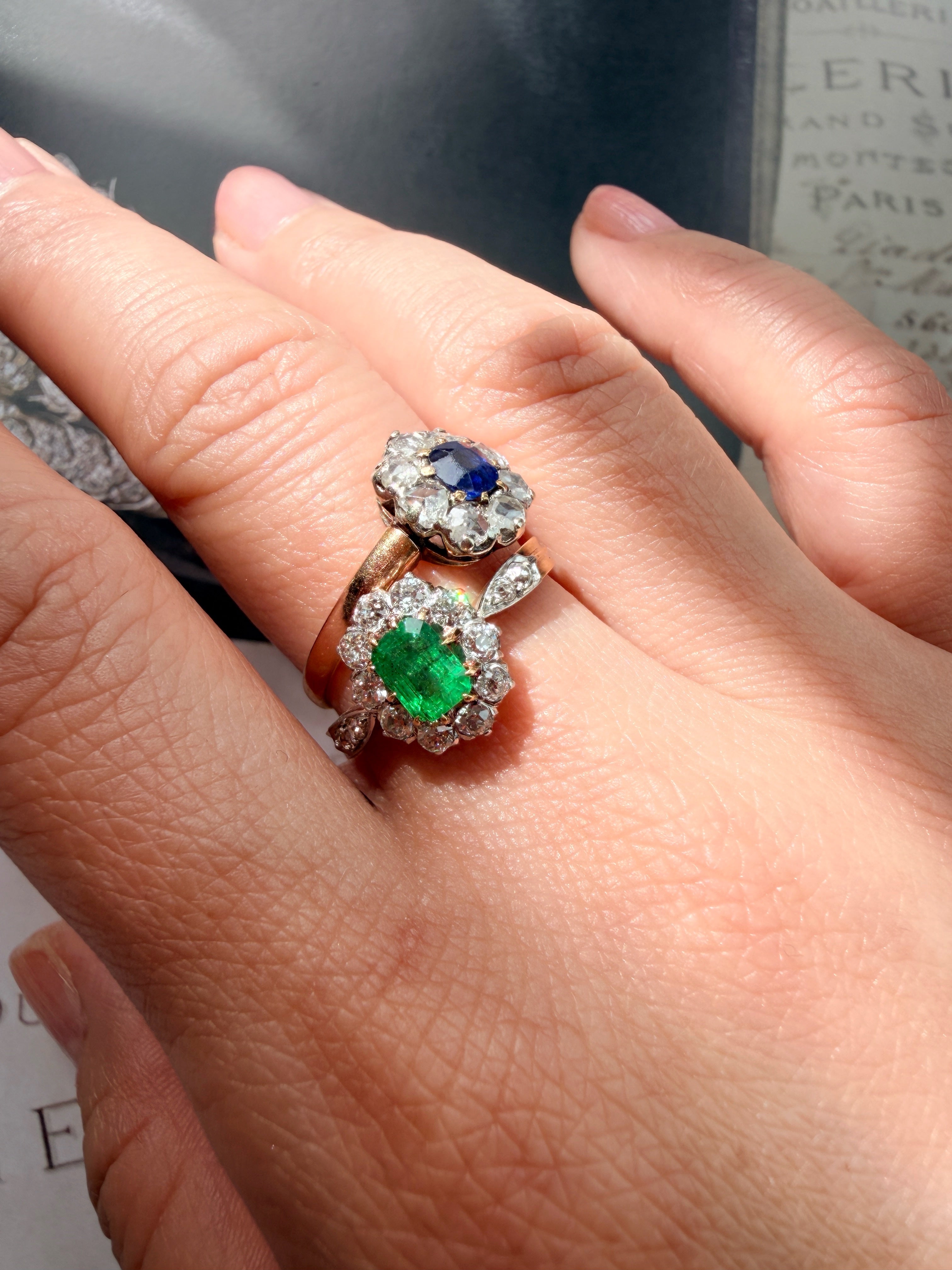 French antique 18K gold emerald diamond ring