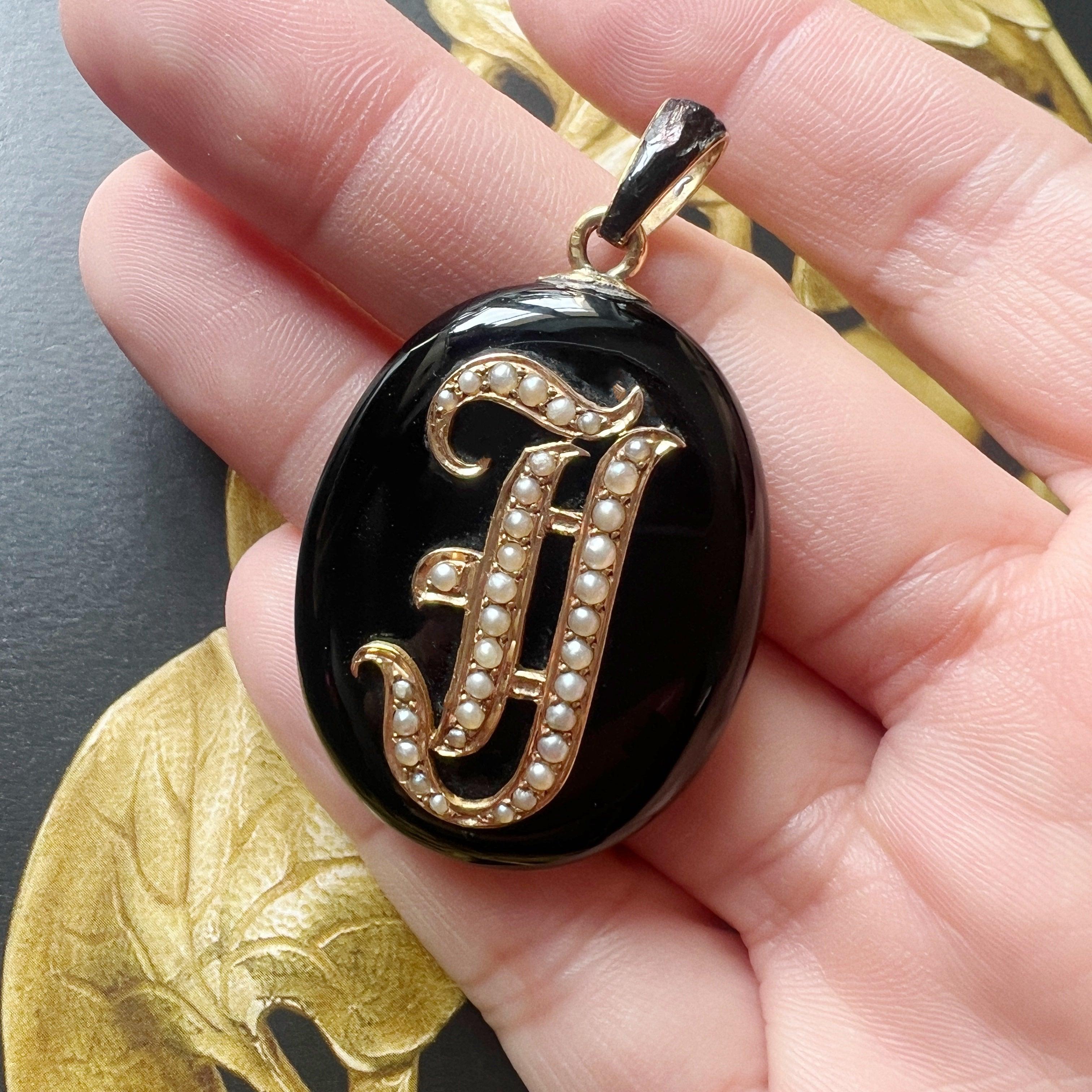 Reserved - Victorian era 18K gold onyx pearl “J” letter locket pendant - Curiously timeless