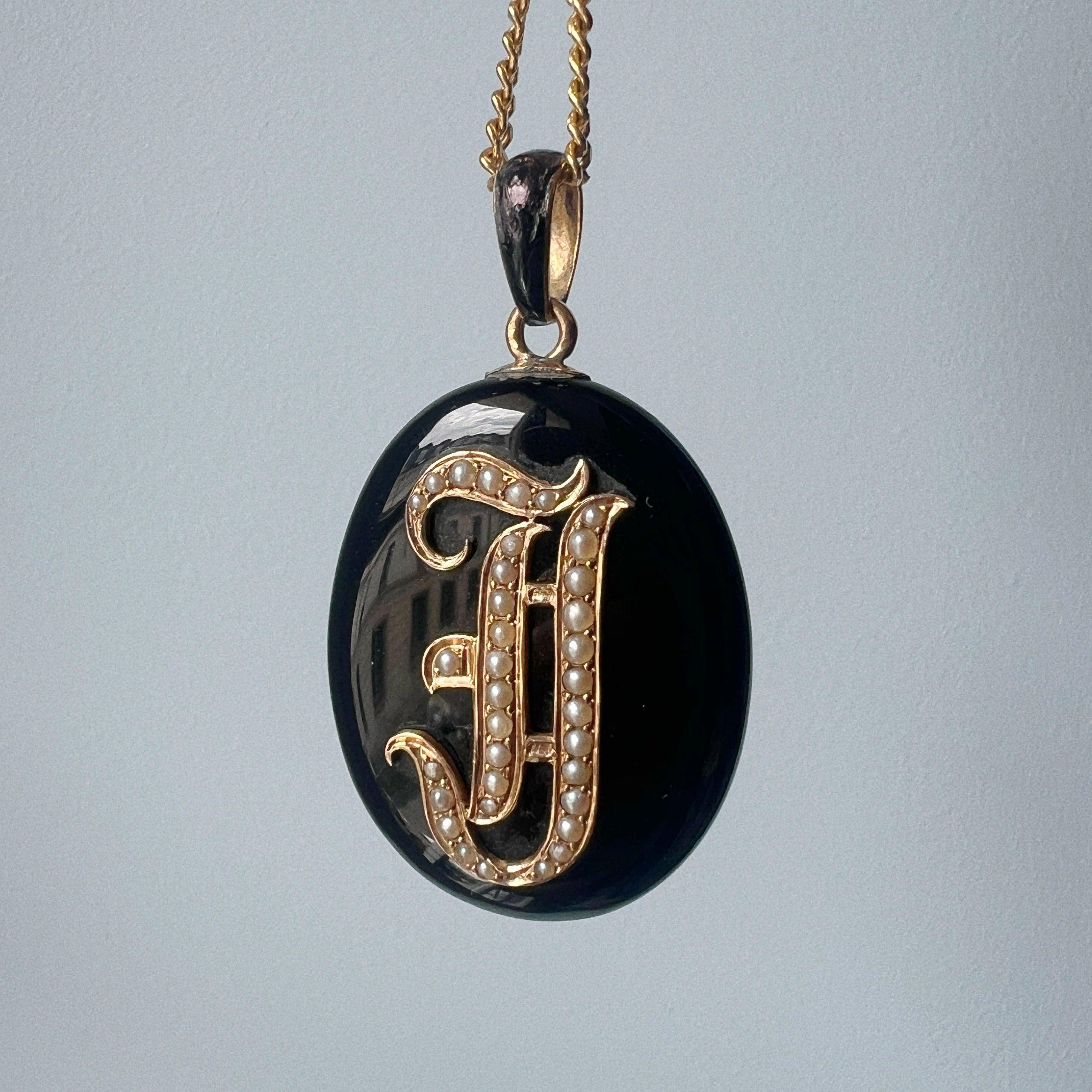 Reserved - Victorian era 18K gold onyx pearl “J” letter locket pendant - Curiously timeless