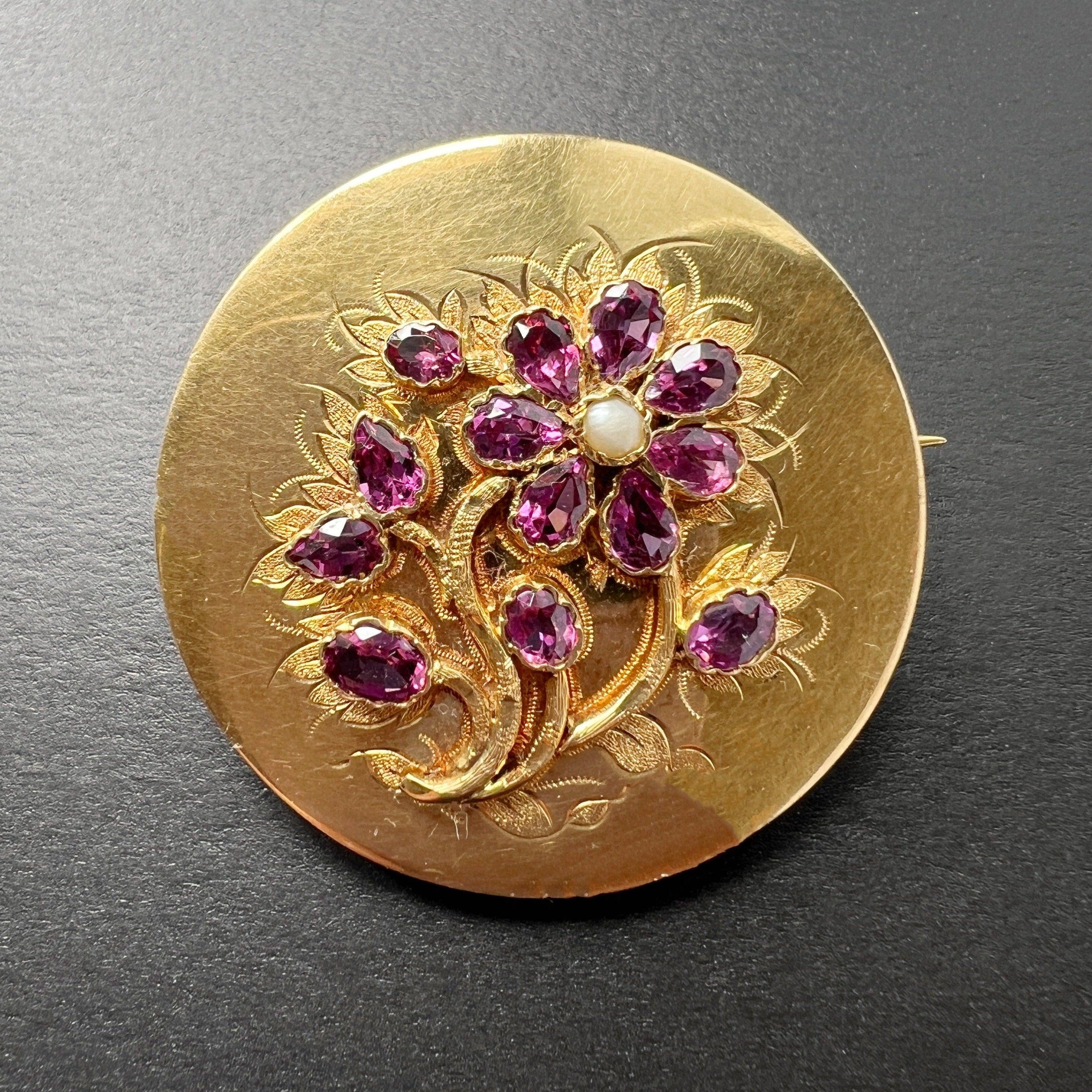 Victorian era 18K gold amethyst pearl flower brooch - Curiously timeless