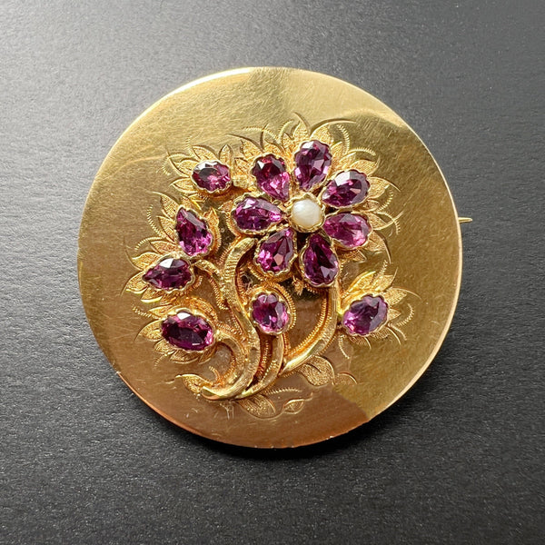 Victorian era 18K gold amethyst pearl flower brooch