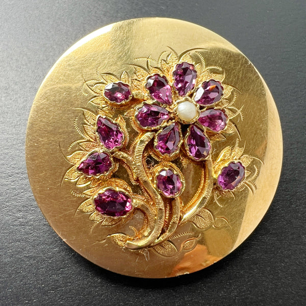 Victorian era 18K gold amethyst pearl flower brooch