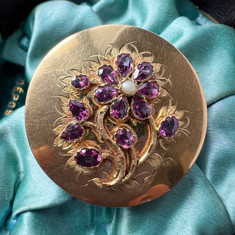 Victorian era 18K gold amethyst pearl flower brooch