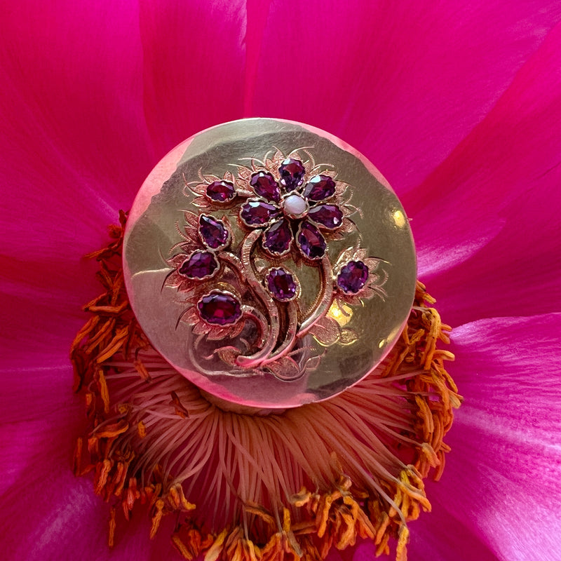 Victorian era 18K gold amethyst pearl flower brooch