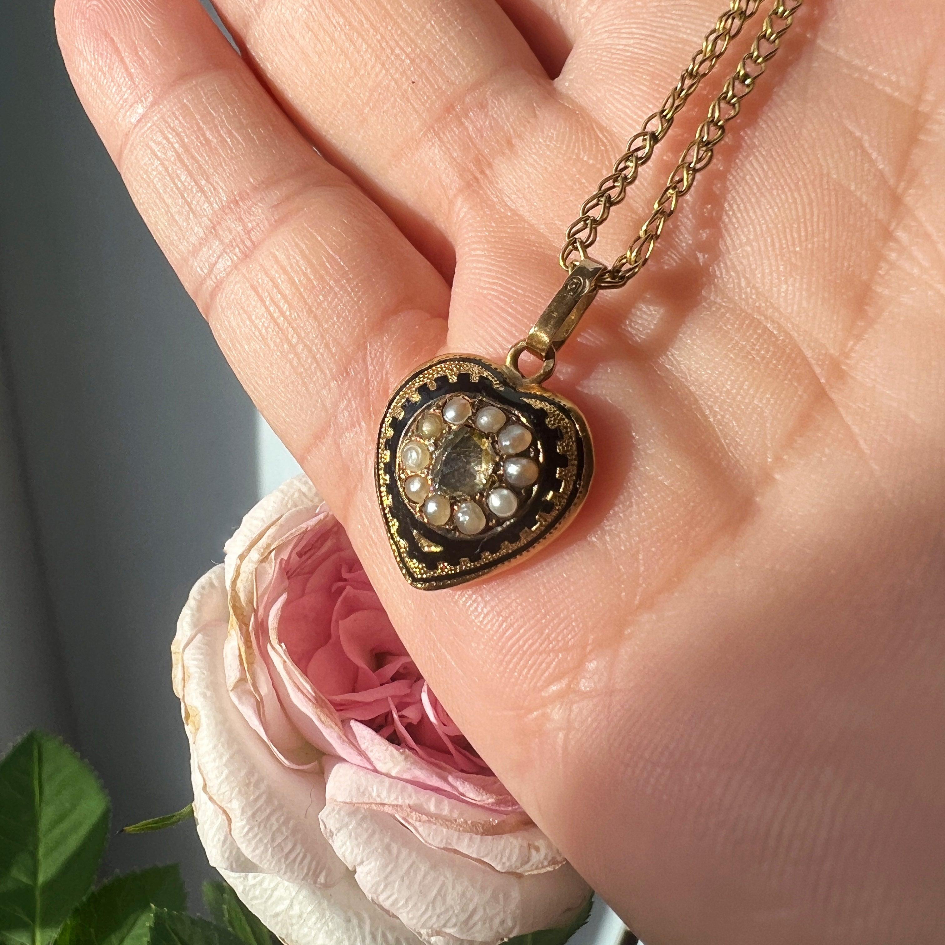 Antique 18K gold diamond pearl puffy heart pendant - Curiously timeless