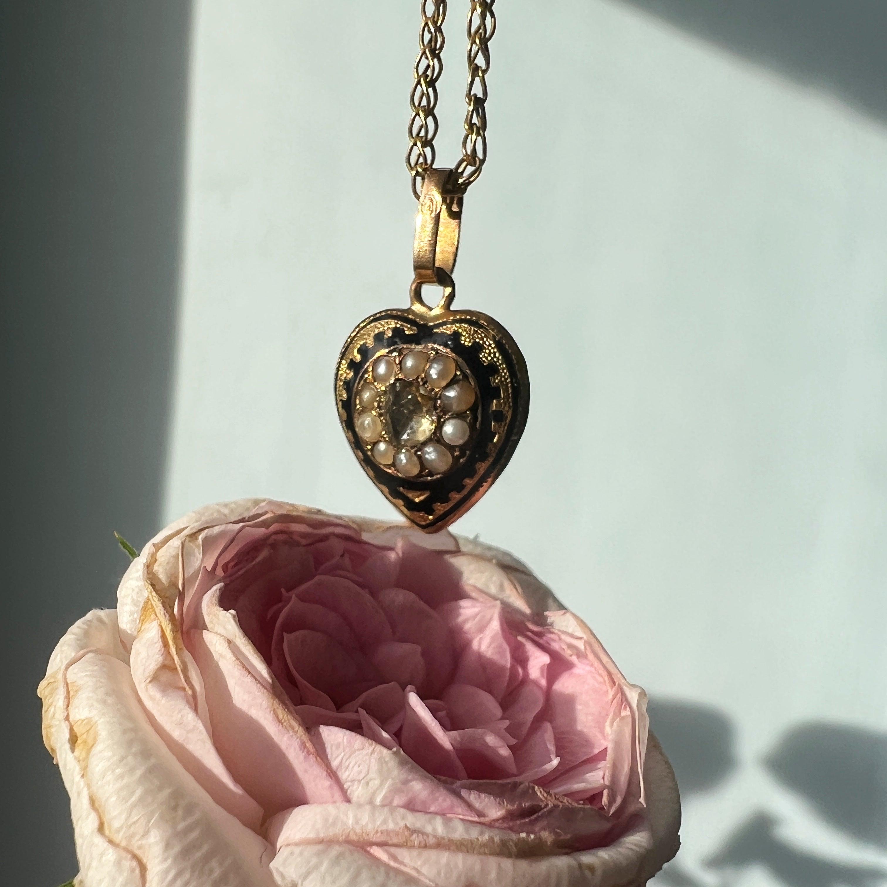 Antique 18K gold diamond pearl puffy heart pendant - Curiously timeless