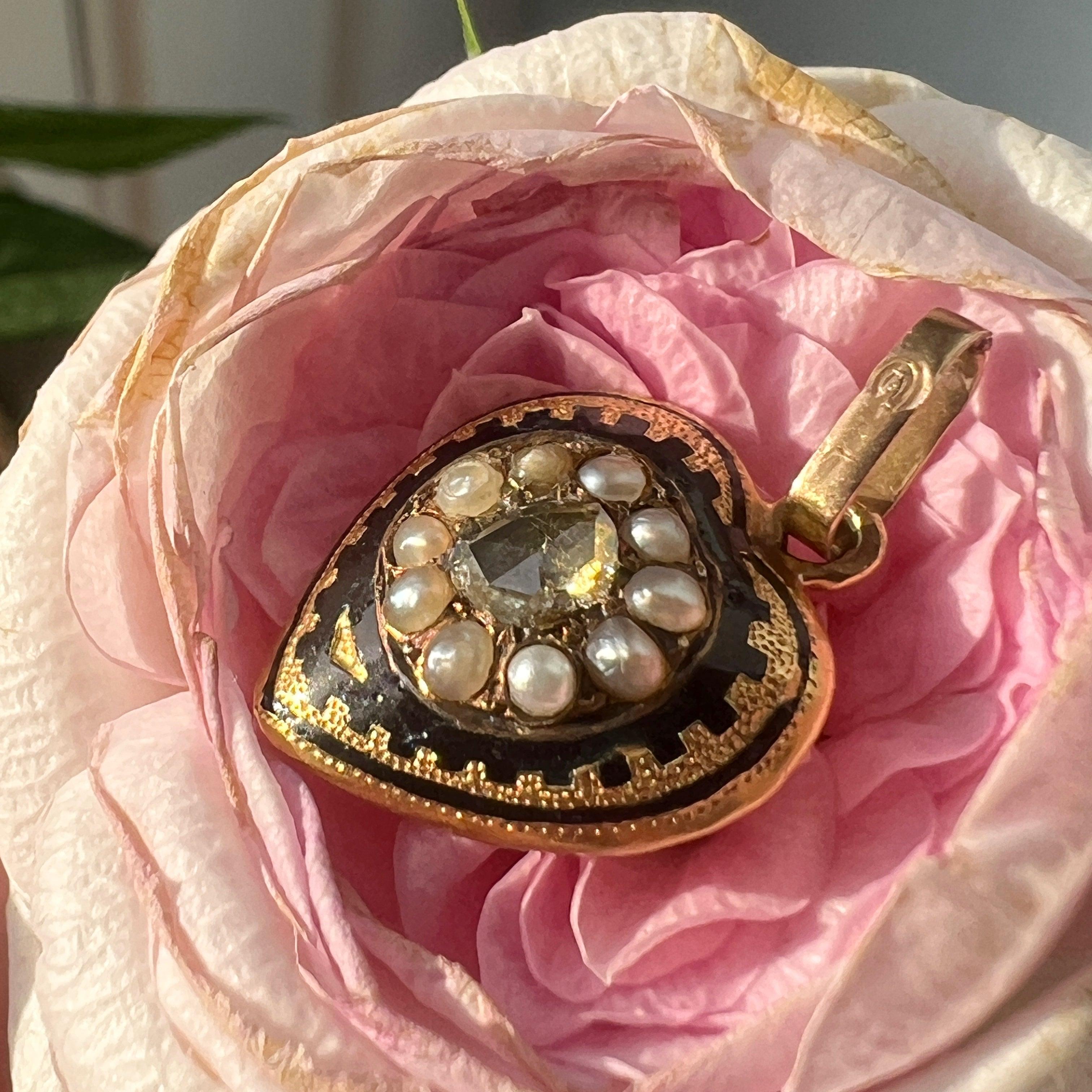 Antique 18K gold diamond pearl puffy heart pendant - Curiously timeless