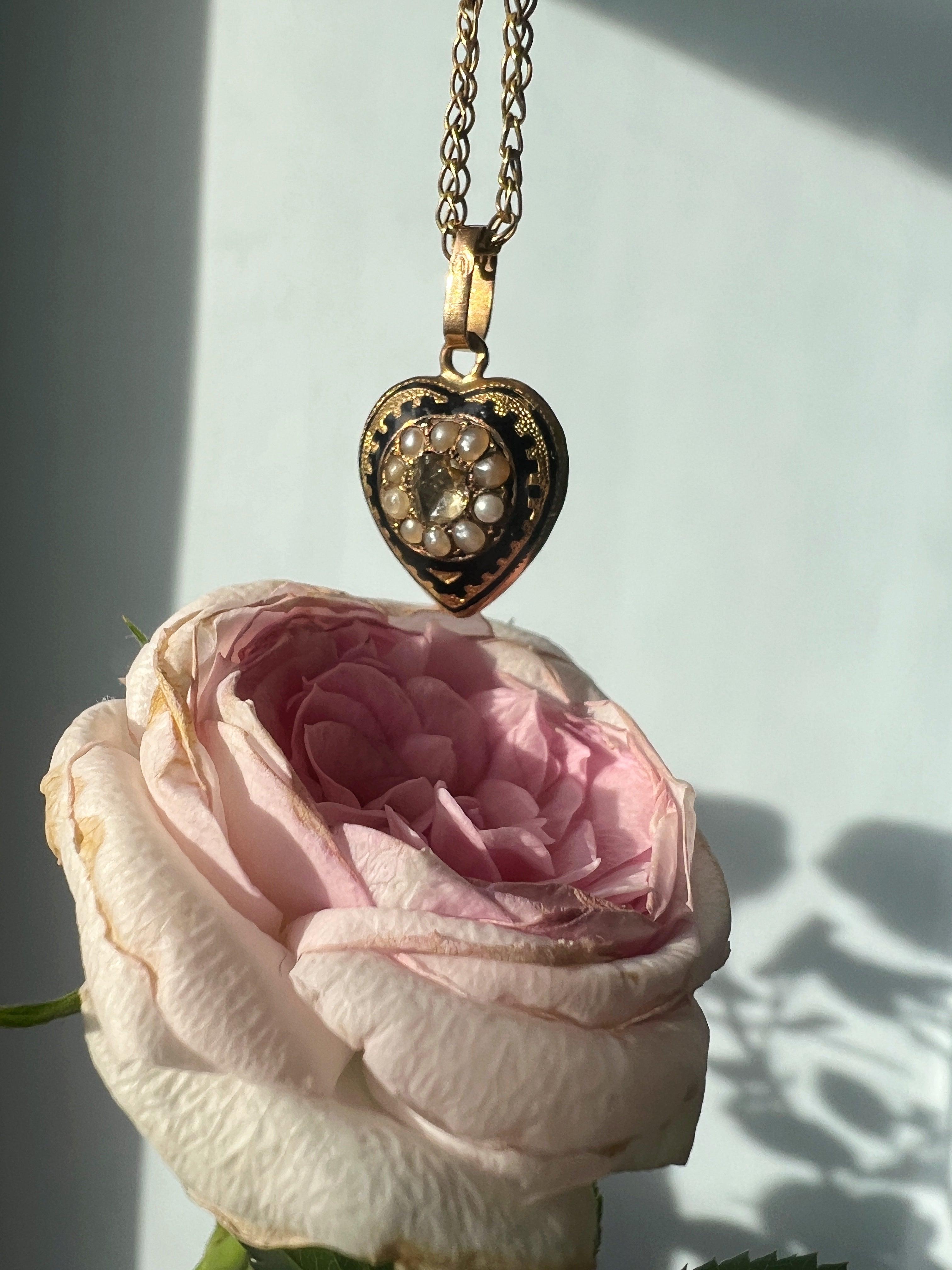 Antique 18K gold diamond pearl puffy heart pendant - Curiously timeless