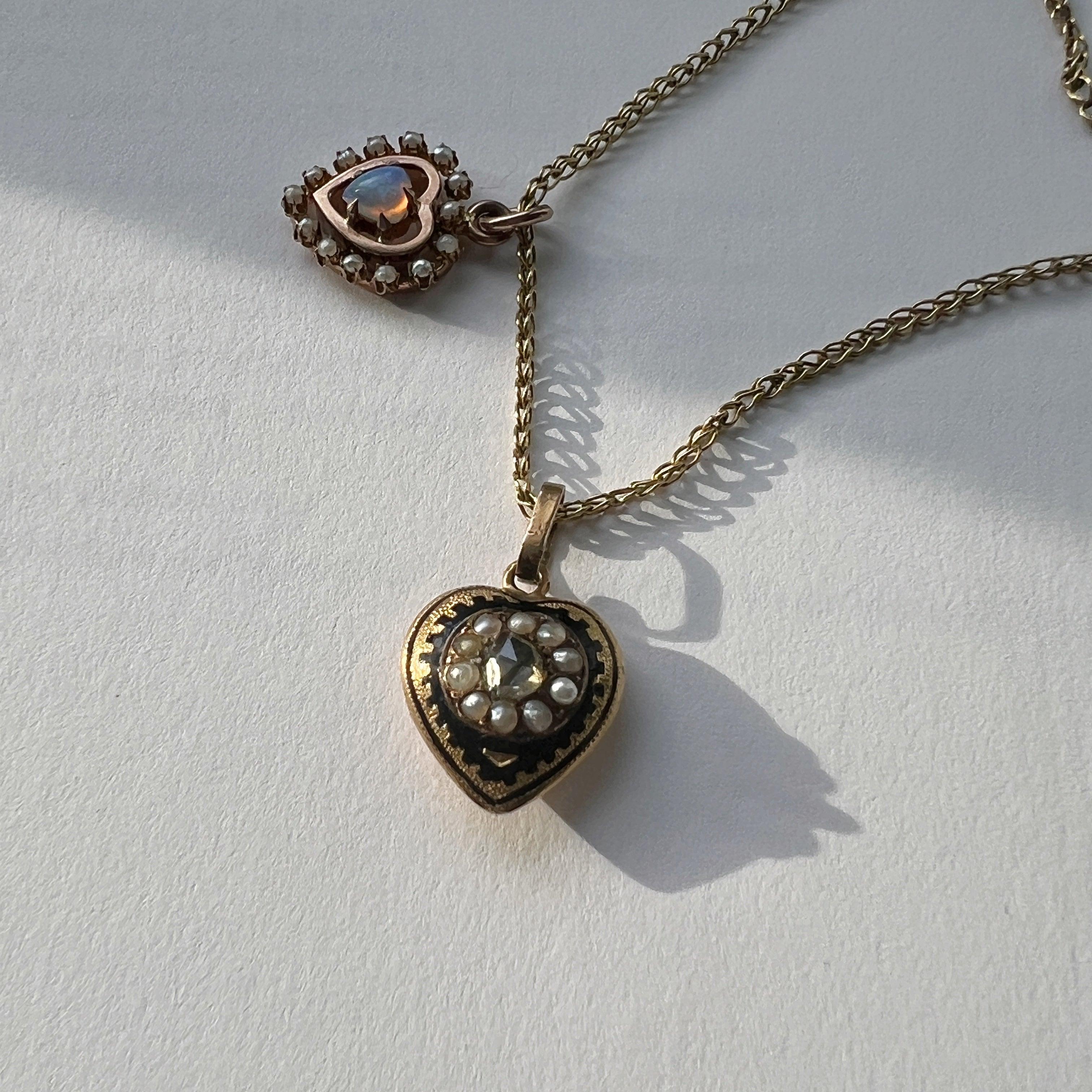 Antique 18K gold diamond pearl puffy heart pendant - Curiously timeless